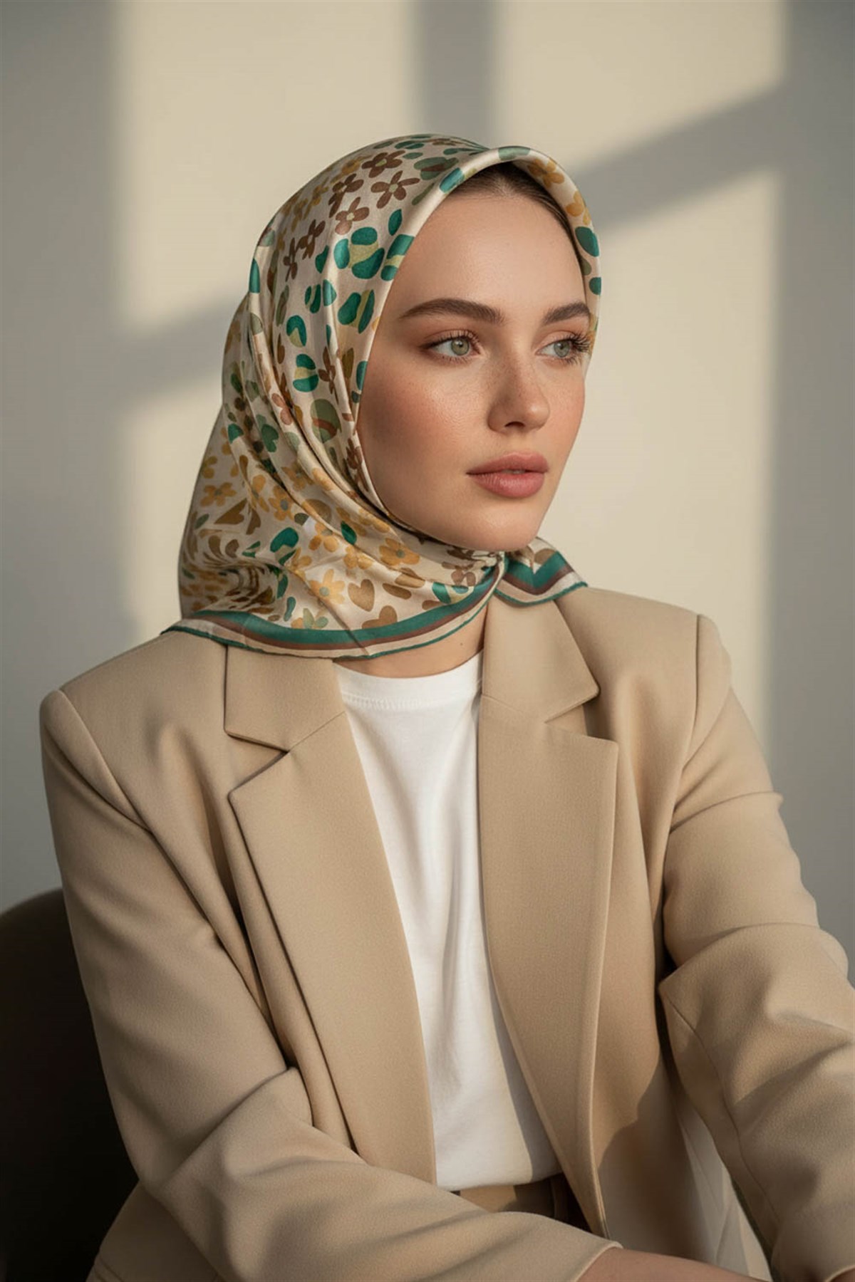 %100 Twill İpek Kalpli Leopar Desenli Zümrüt Yeşili - Vizon Renkli 90x90 Eşarp Dikim Şekli : El Dikişi