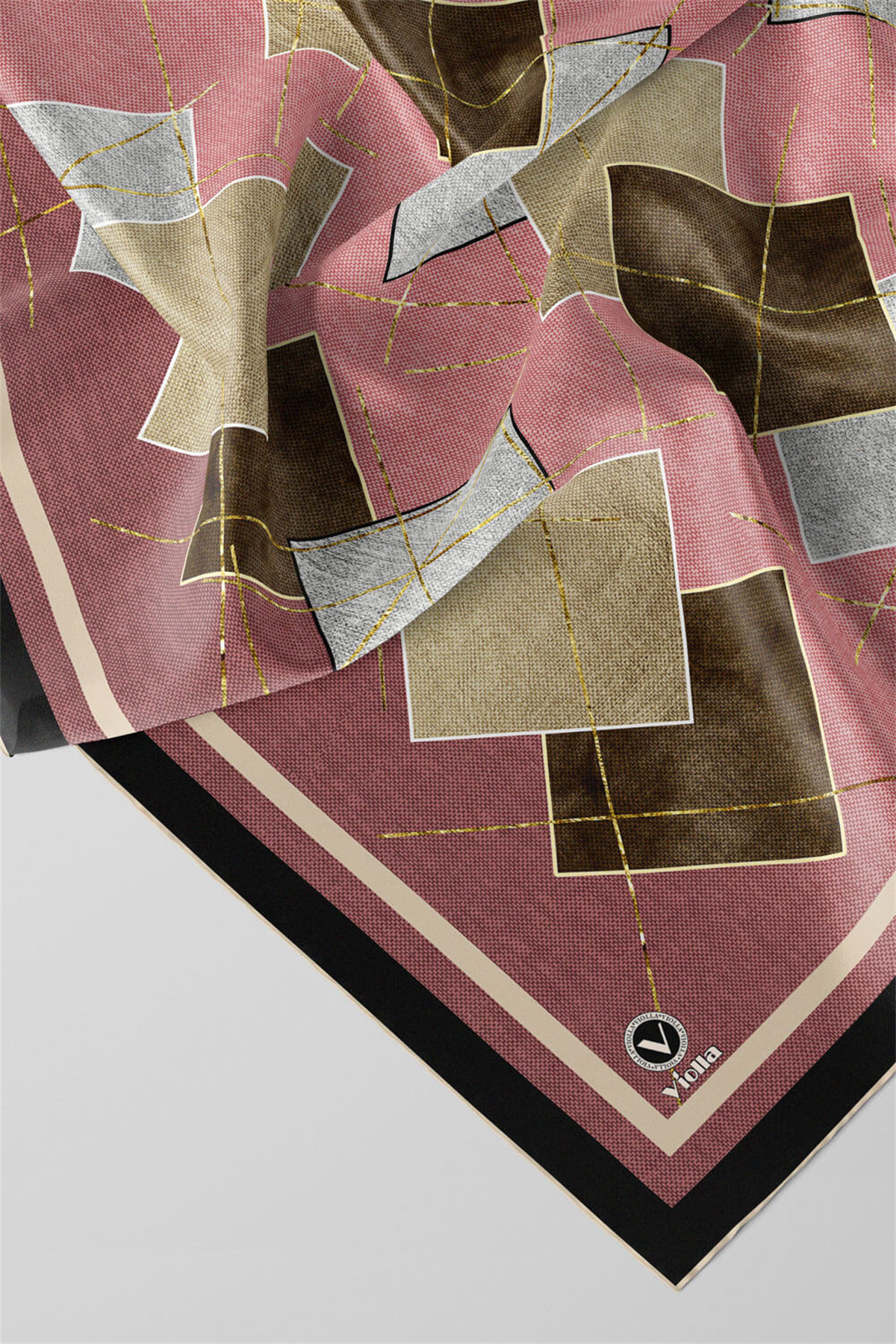 Twill Geometrik Desenli Pudra Renkli 90x90 Eşarp (İpek İçermez) Kenar Dikiş Şekli El Dikişli