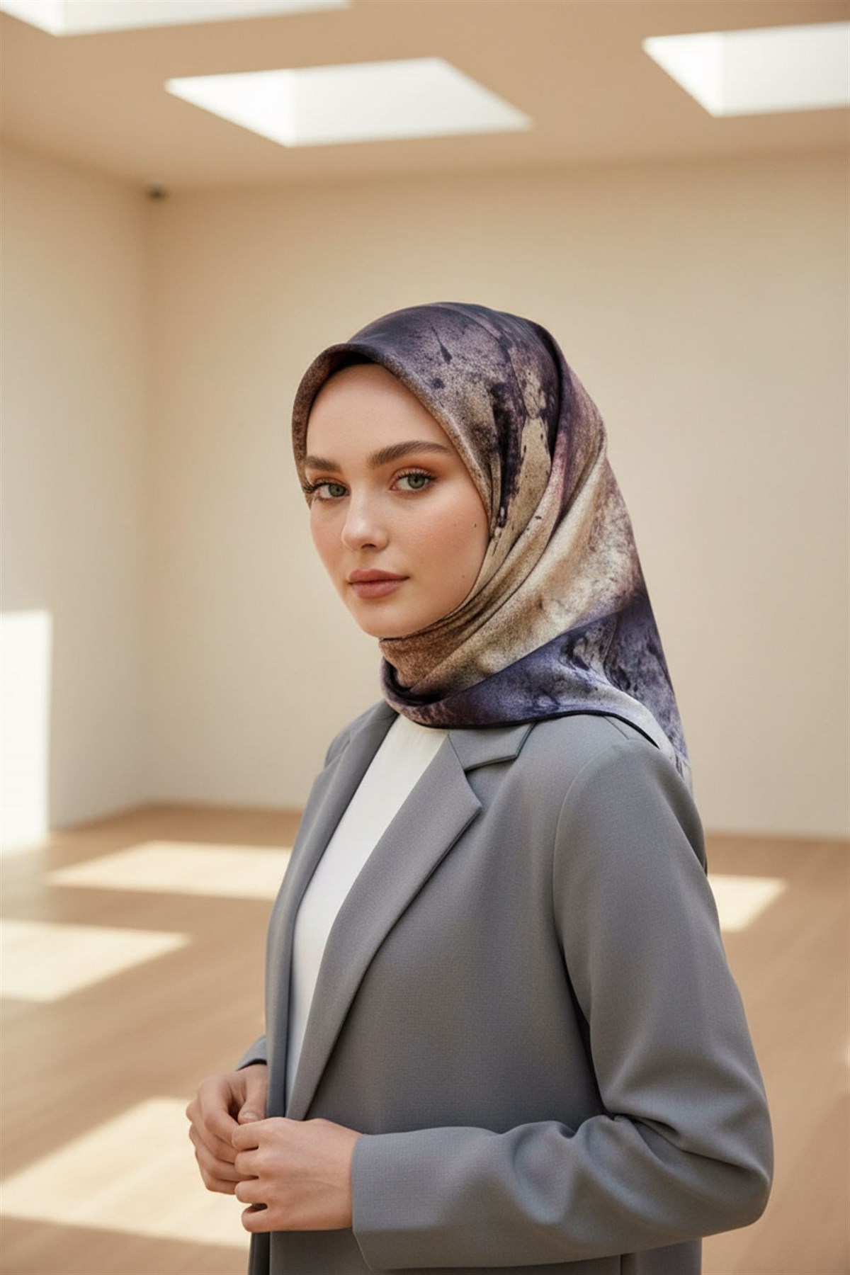 % 57 İPEK % 43 VİSKON Twill İpek Dokulu Ve Geometrik Desenli Pudra - Gri Renkli 90x90 Eşarp Dikim Şekli : El Dikişi