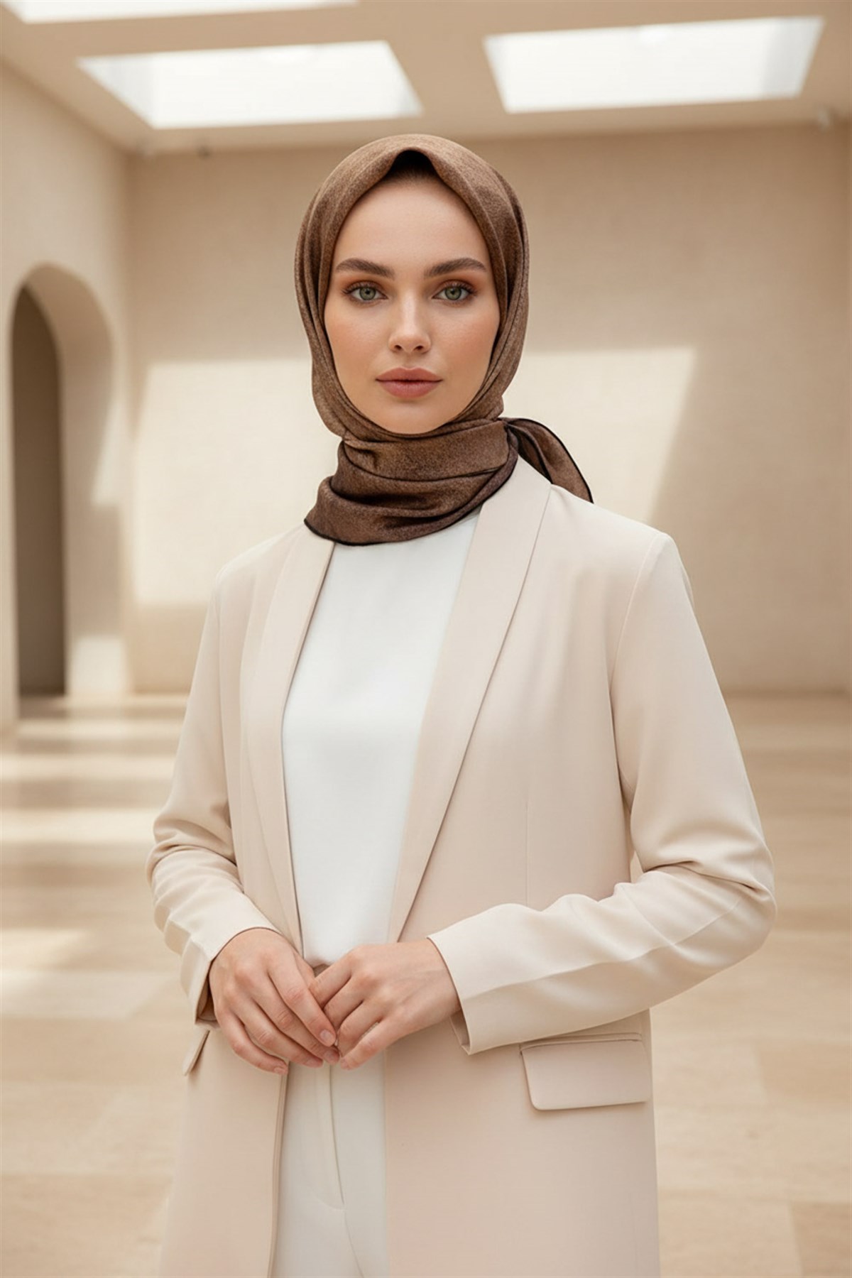 %100 Twill İpek Doku Desenli Vizon Renkli 90x90 Eşarp Dikim Şekli : El Dikişi