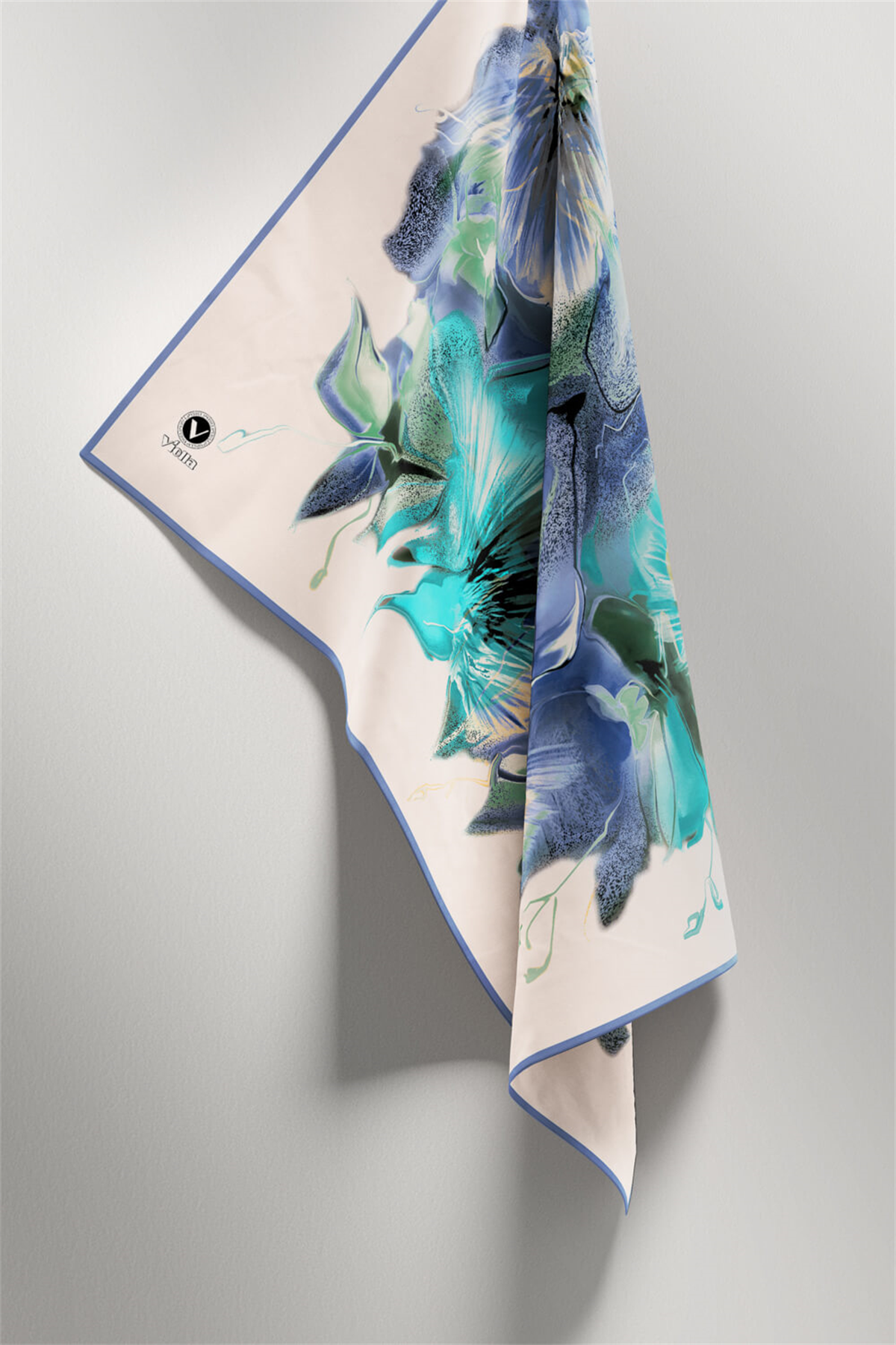 Twill Çiçek Desenli İndigo - Mint Yeşili Renkli 90x90 Eşarp (İpek İçermez) Kenar Dikiş Şekli El Dikişli