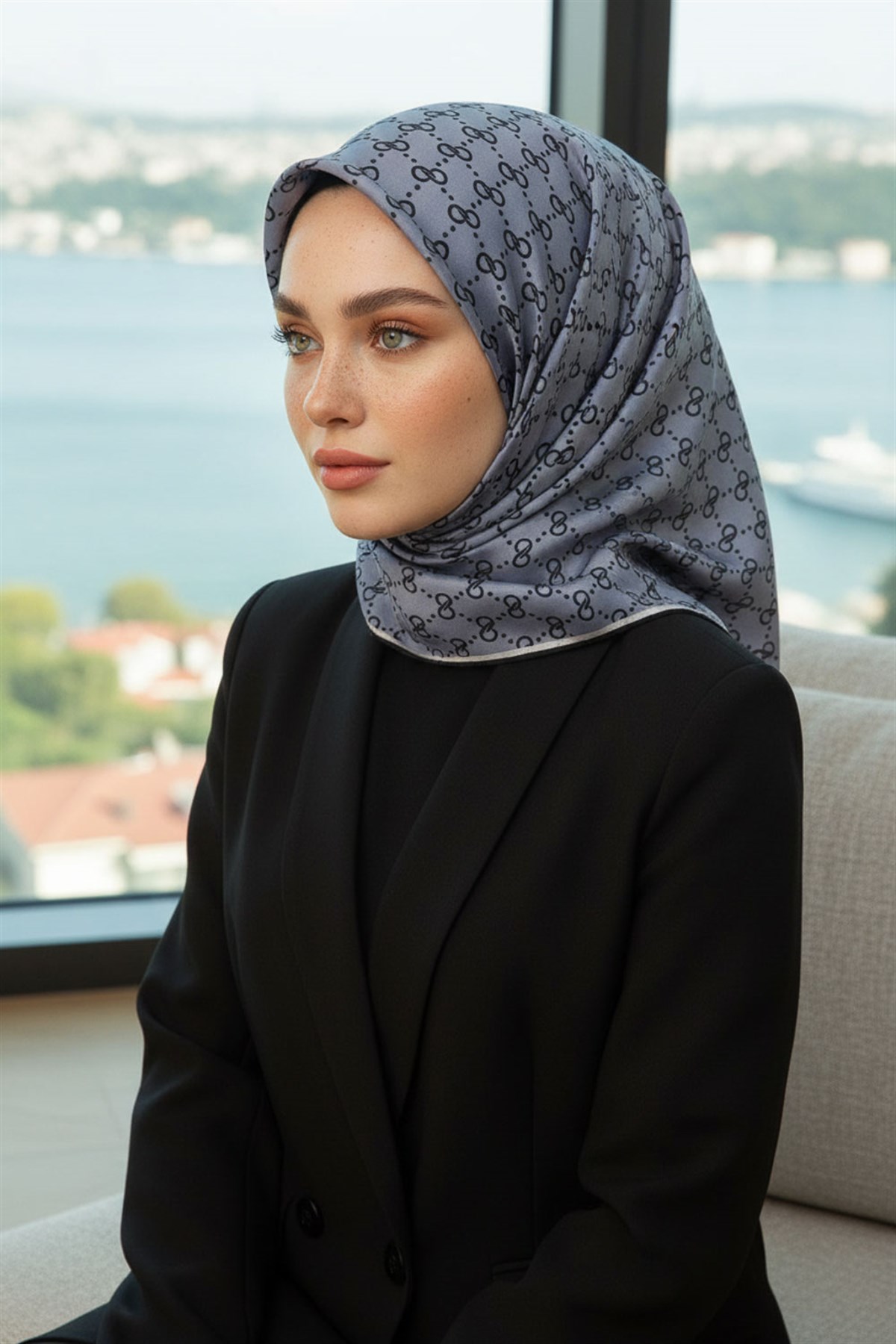 %57 İPEK %43 VİSKON Twill İpek Leopar Desenli Siyah - Gri Renkli 90x90 Eşarp Dikim Şekli : El Dikişi