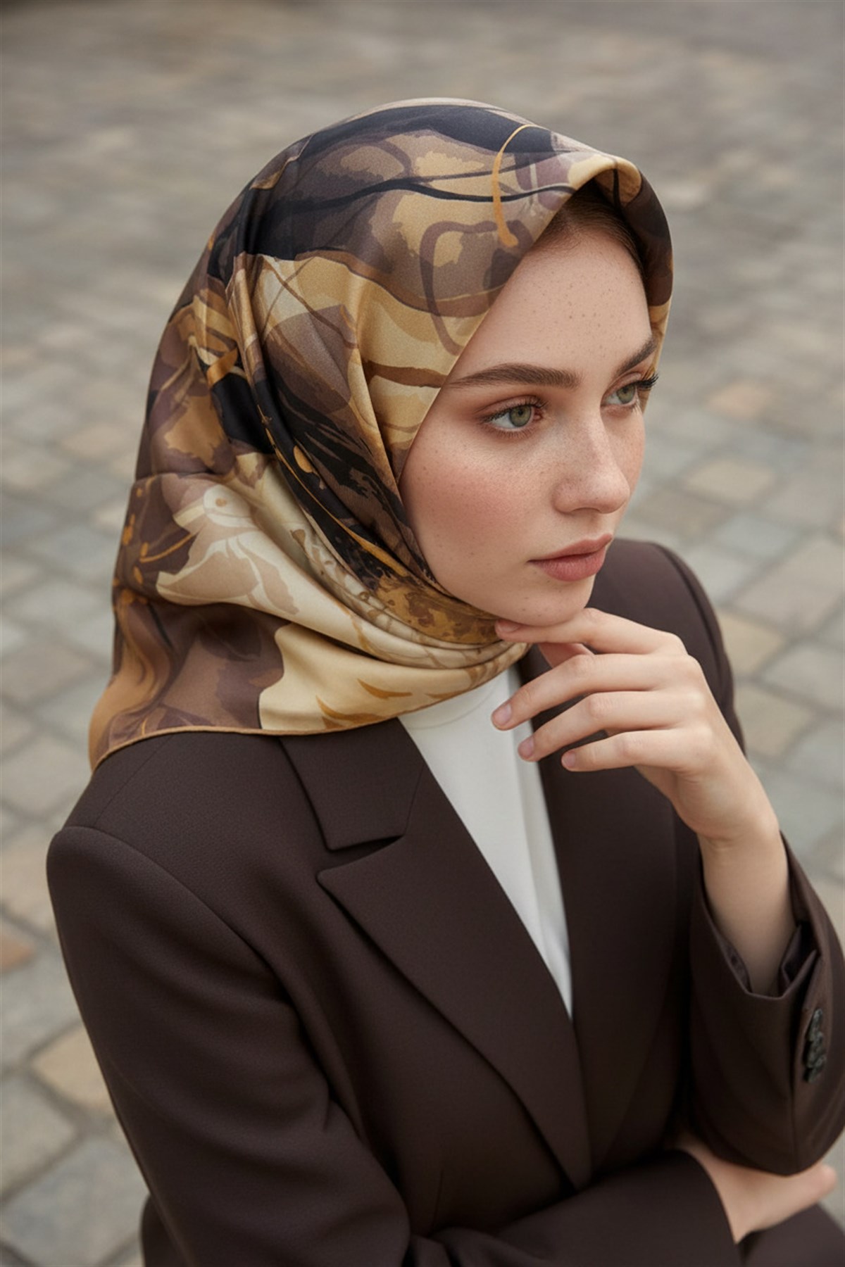 %100 Twill İpek Çiçekli Sulu Boya Dalga Desenli Bej - Hardal Renkli 90x90 Eşarp Dikim Şekli : El Dikişi