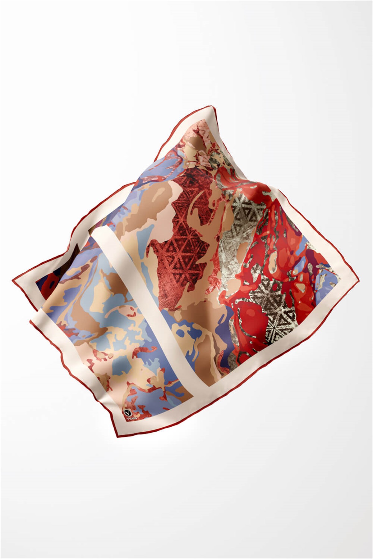 Kristal Batikli Ve Etnik Desenli Bordo Renkli 90x90 Eşarp (İpek İçermez) Kenar Dikiş Şekli El Dikişli