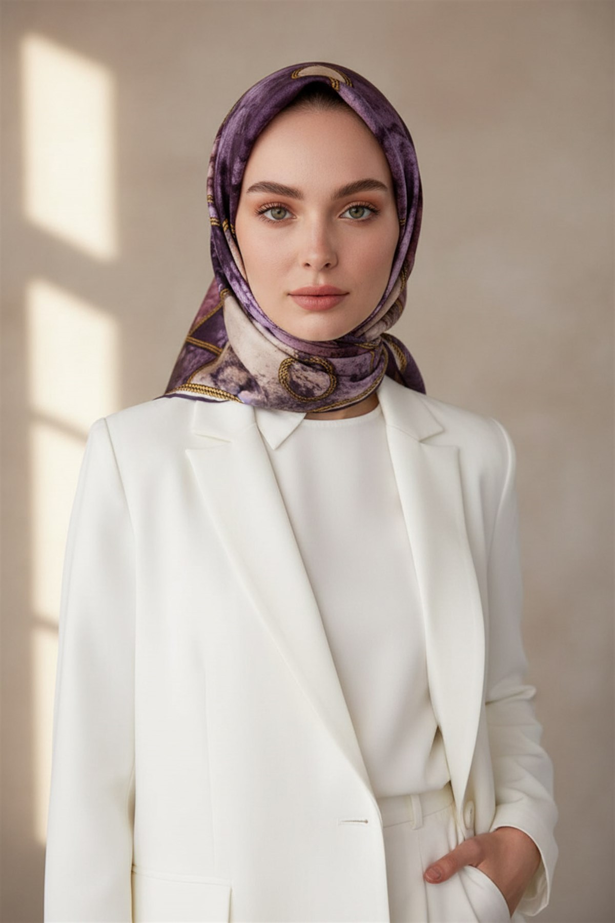 % 57 İPEK % 43 VİSKON Twill İpek Zincirli Mermer Desenli Mor - Pudra Renkli 90x90 Eşarp Dikim Şekli : El Dikişi