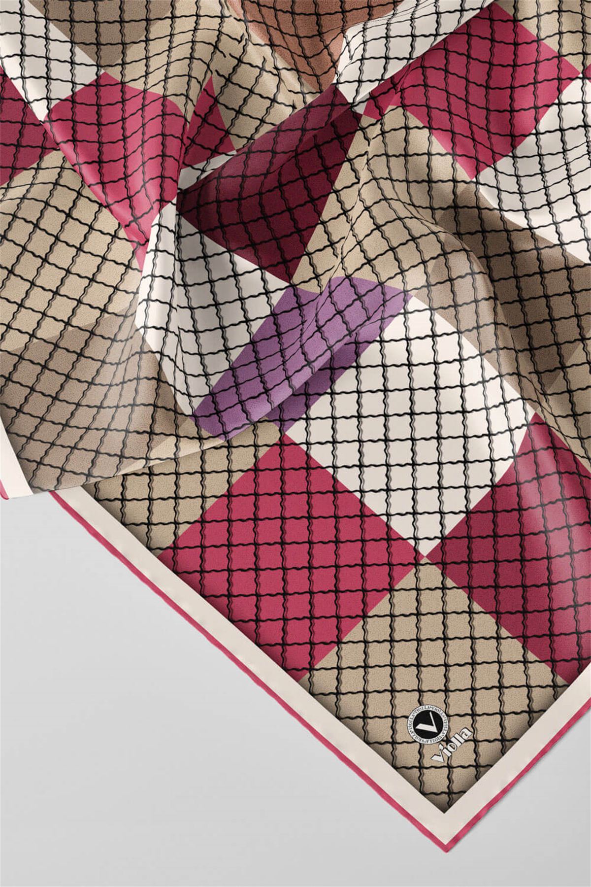 Twill Kare Desenli Pembe Renkli 90x90 Eşarp (İpek İçermez) Kenar Dikiş Şekli El Dikişli