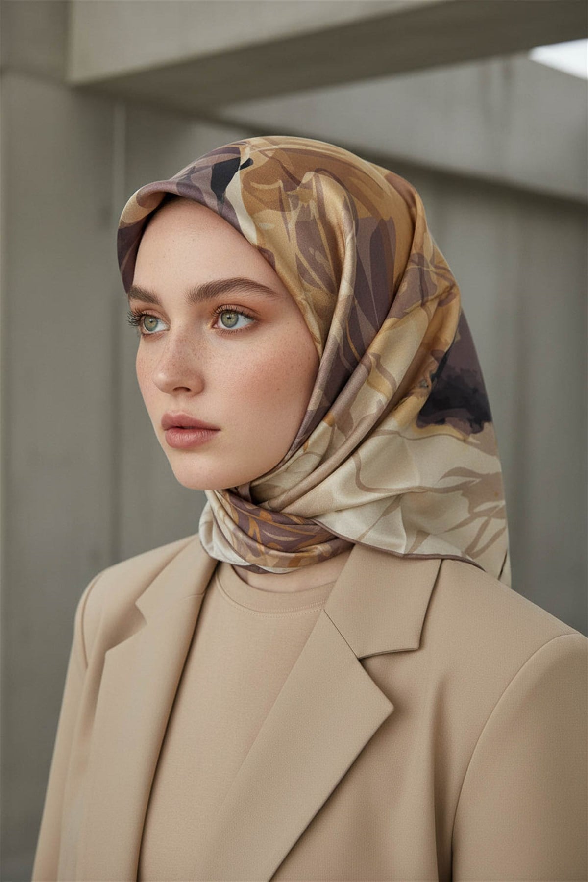 %100 Twill İpek Çiçekli Sulu Boya Dalga Desenli Hardal - Vizon Renkli 90x90 Eşarp Dikim Şekli : El Dikişi