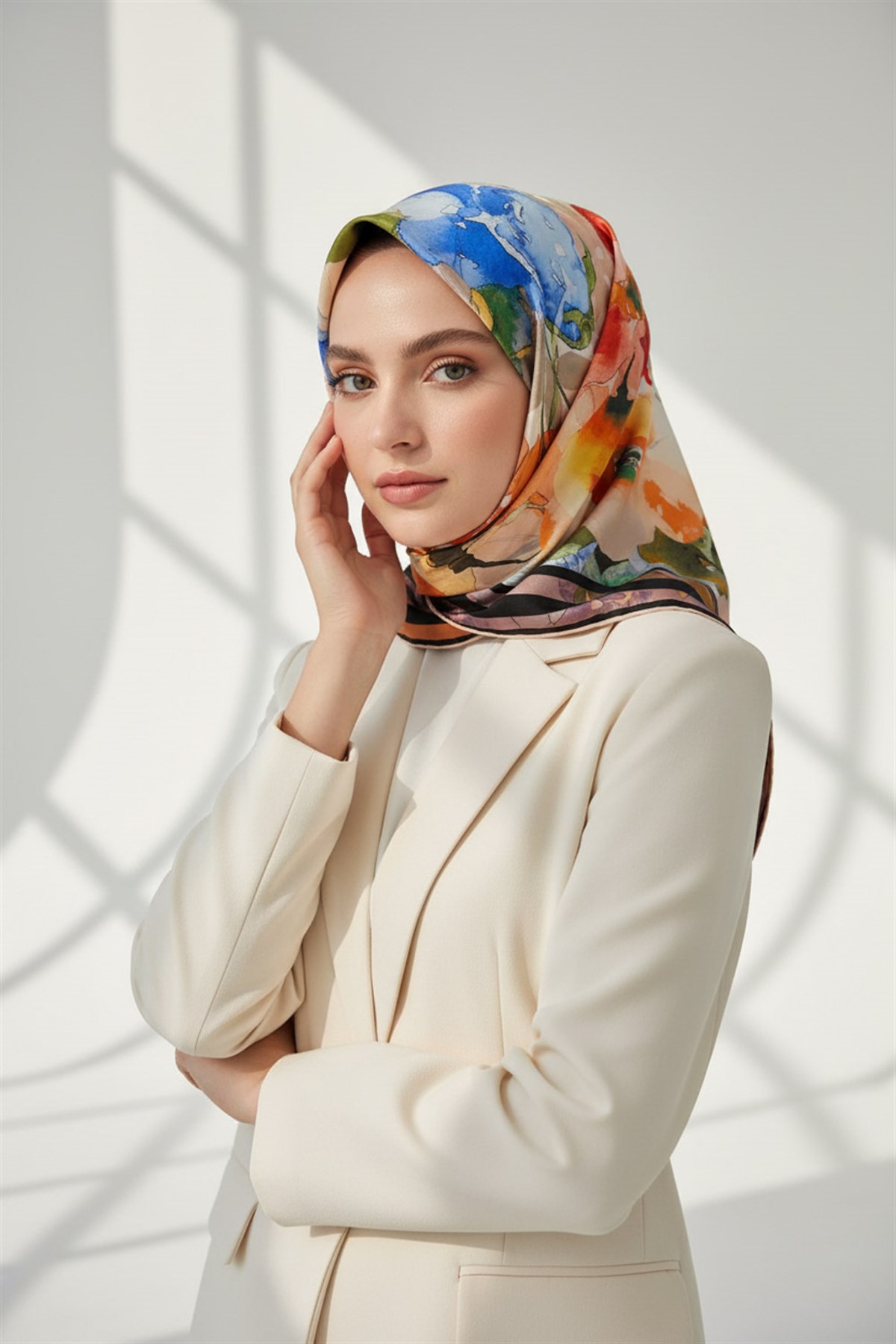 % 57 İPEK % 43 VİSKON Twill İpek Sulu Boyalı Çiçek Desenli Somon - Kırmızı Renkli 90x90 Eşarp Dikim Şekli : El Dikişi