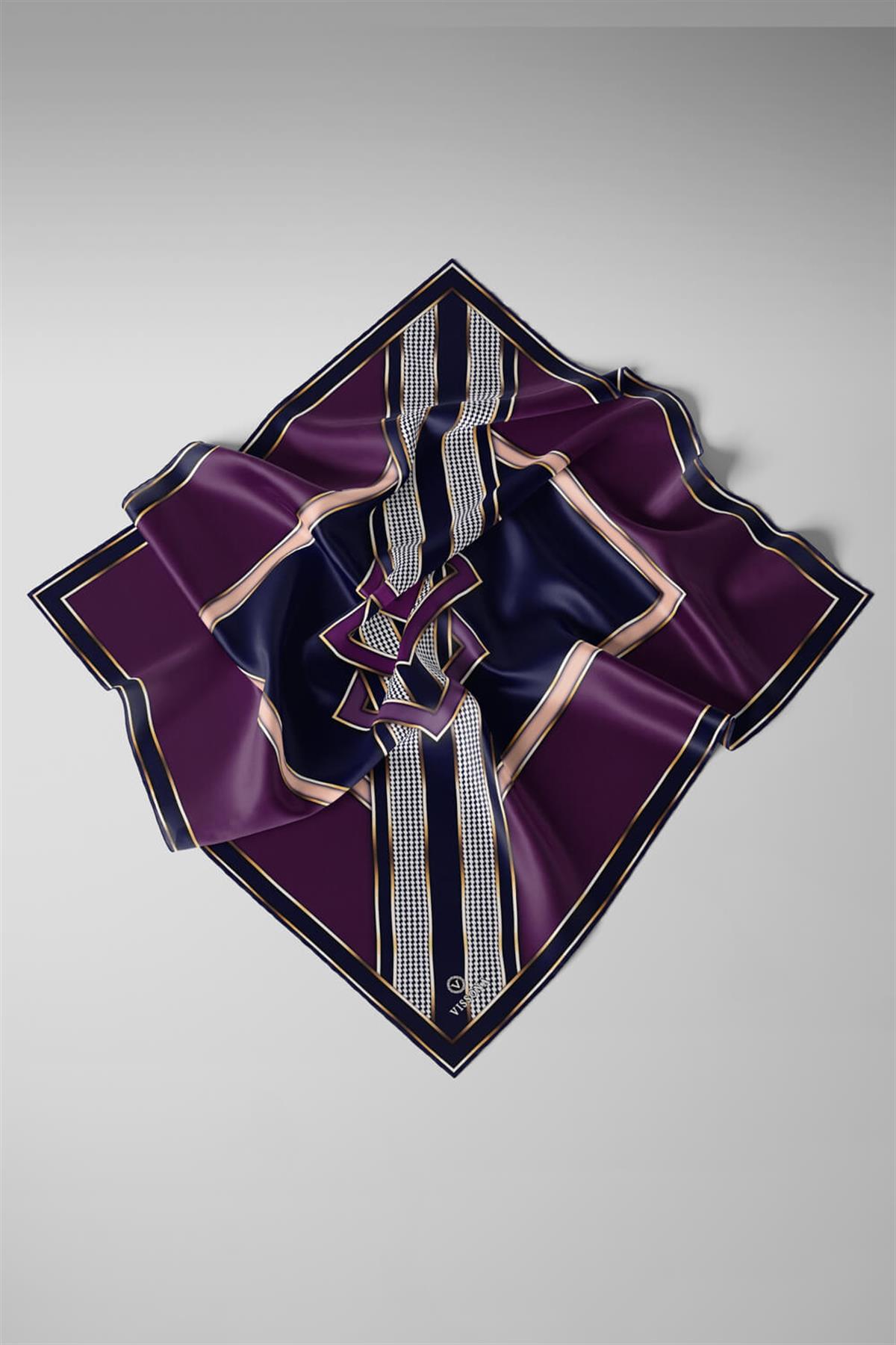 %100 Twill İpek Kareli Kazayaklı Desenli Mürdüm - Lacivert Renkli 90x90 Eşarp Kenar Dikiş Şekli El Dikişli