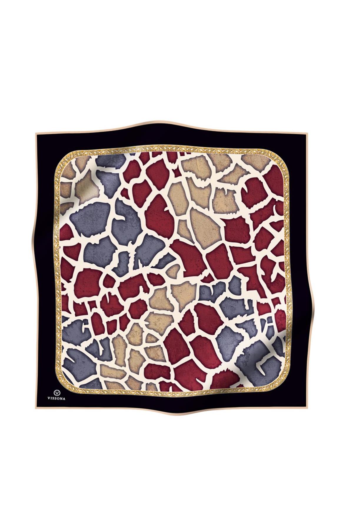 %100 Twill İpek Zürafa Desenli Bordo - Gri Renkli 90x90 Eşarp Dikim Şekli : El Dikişi