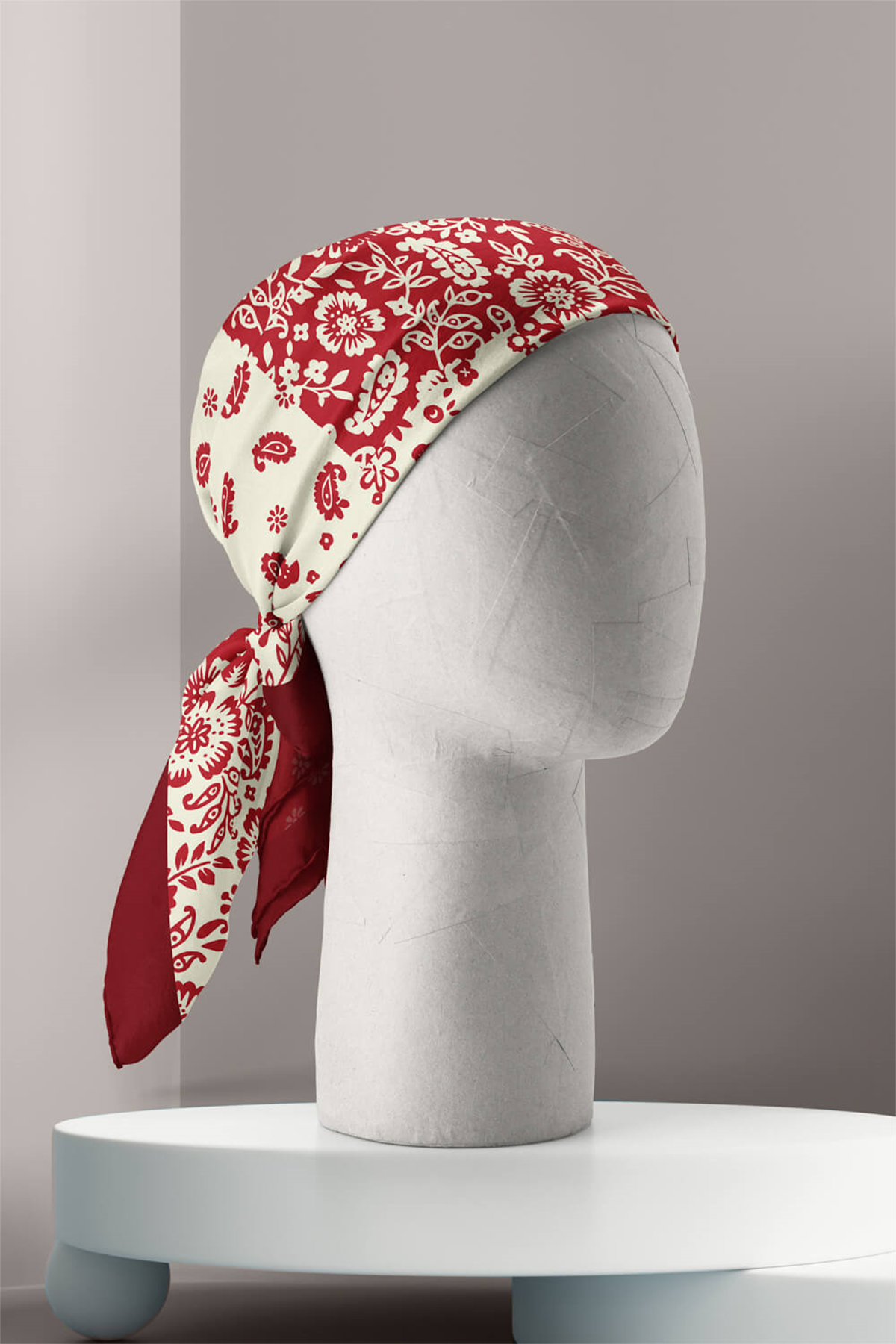 A46 Kadın Çiçek Desenli Bandana 50x50 Kırmızı Beyaz DG0425-22