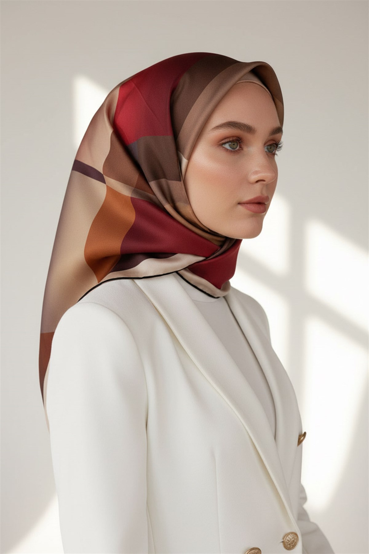 %100 Twill İpek Geometrik Desenli Bej - Kırmızı Renkli 90x90 Eşarp Dikim Şekli : El Dikişi