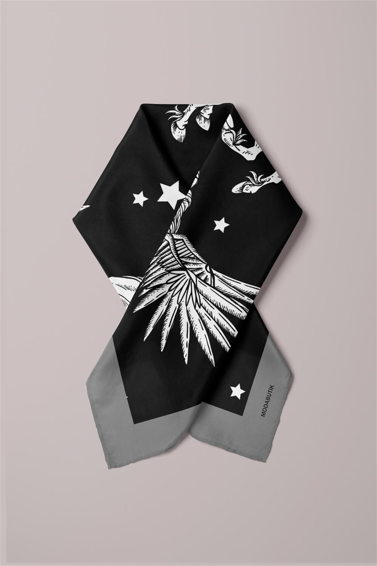 H1 Kadın Pegas Desenli Bandana 50x50 Siyah Beyaz DG0381-22