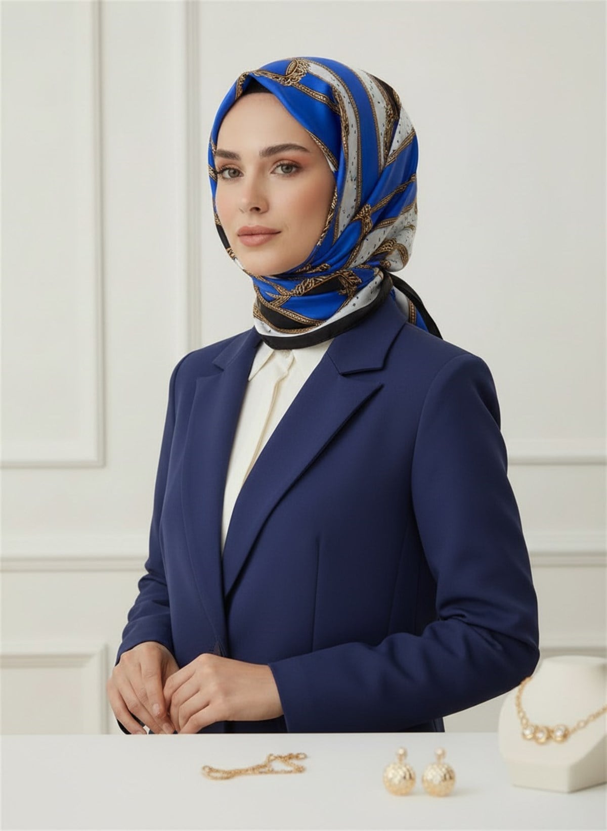 100% İPEK KEMER DESENLİ SAKS - SİYAH RENKLİ ŞAL