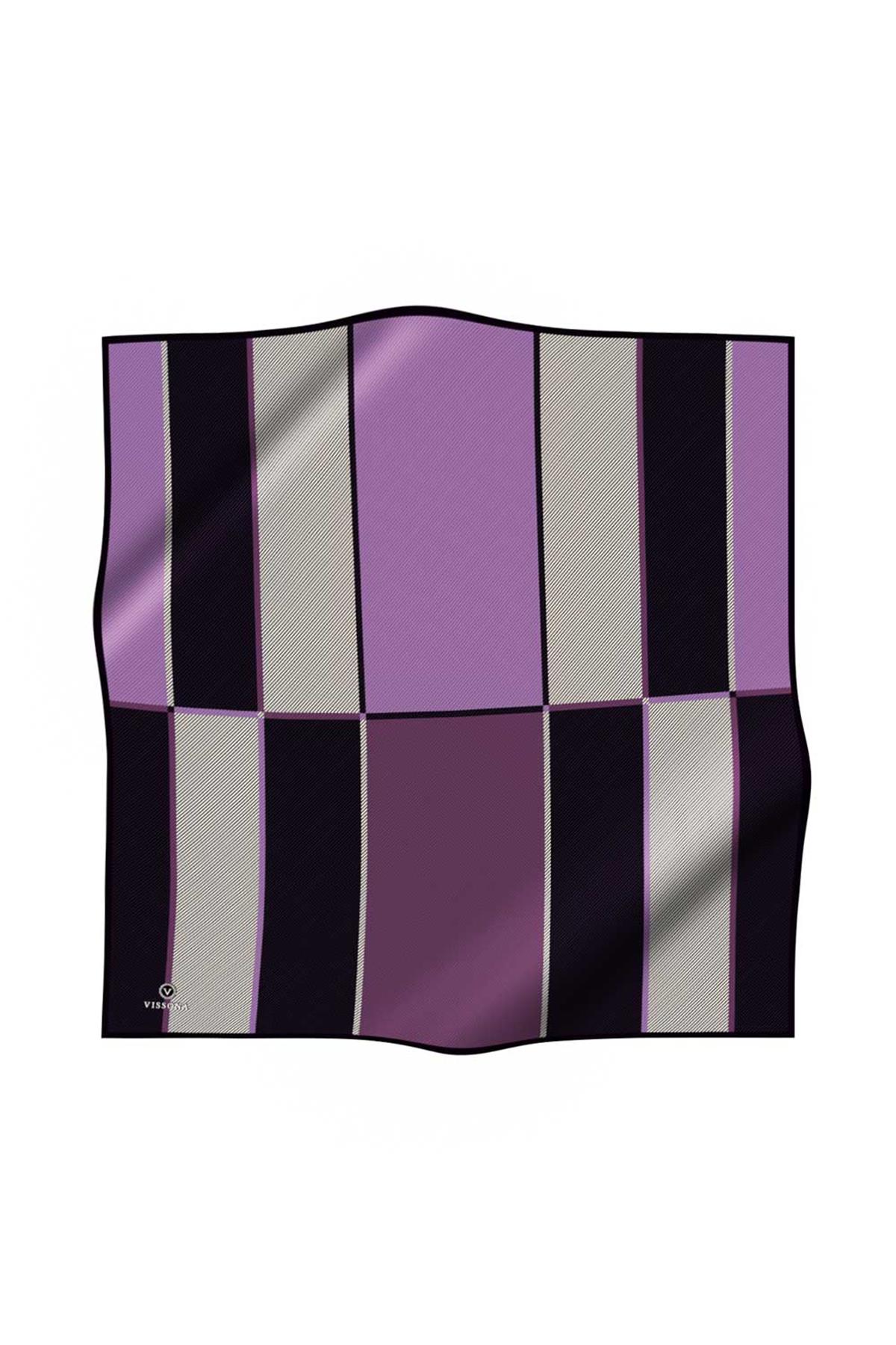 %100 Twill İpek Geometrik Desenli Lila Renkli 90x90 Eşarp Dikim Şekli : El Dikişi