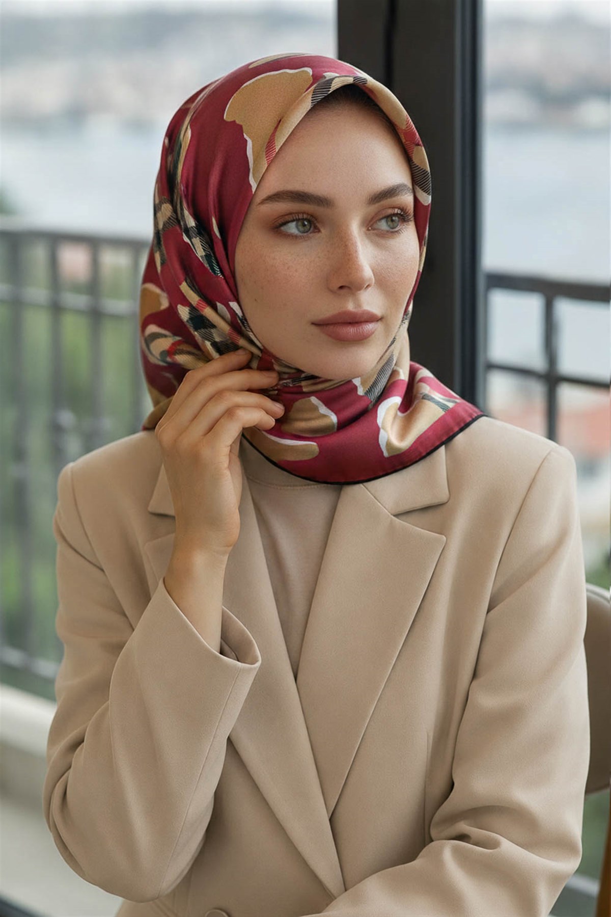 %100 Twill İpek Leopar Desenli Bordo - Bej Renkli 90x90 Eşarp Dikim Şekli : El Dikişi
