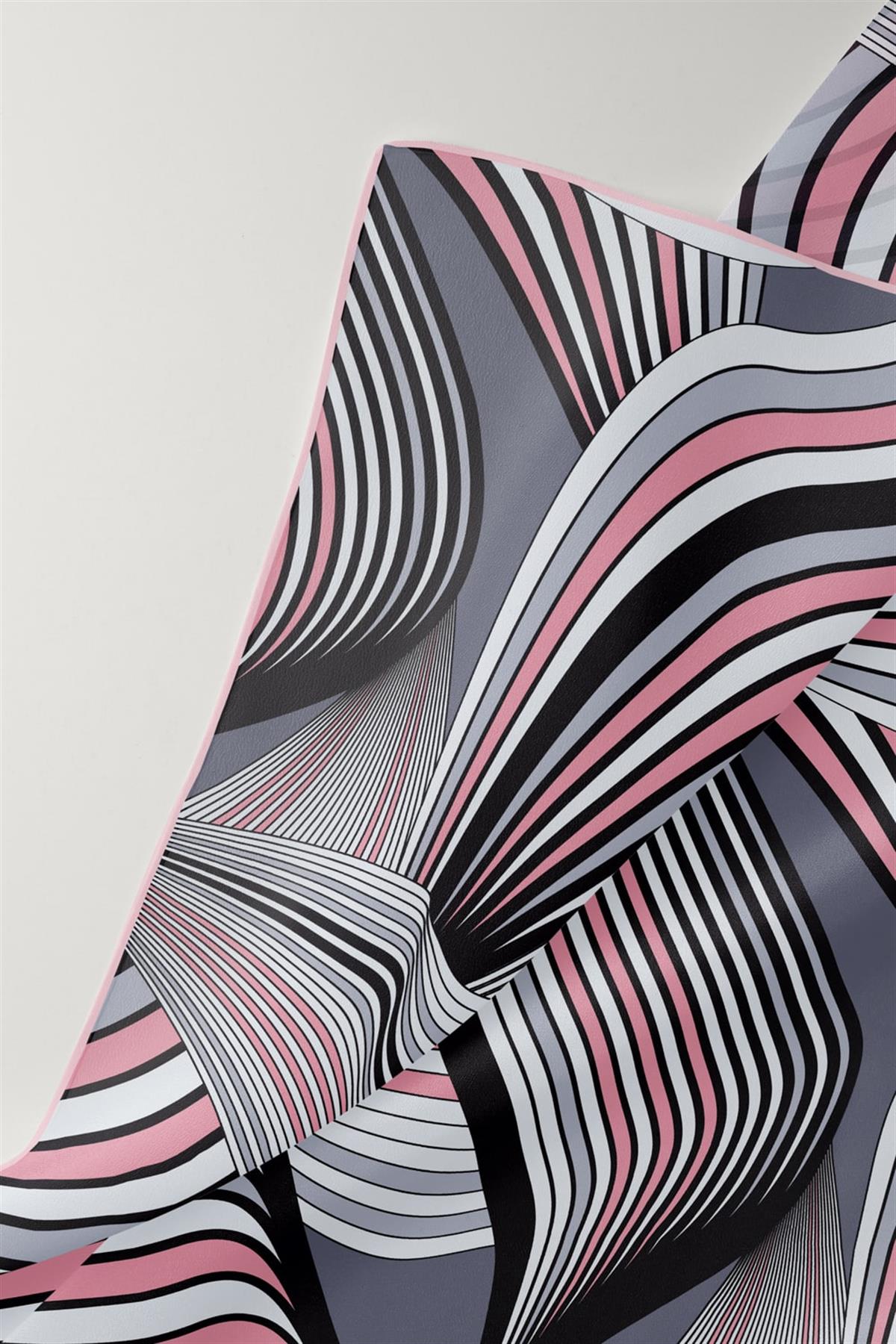 %100 Twill İpek Okyanus Dalgası Desenli Pudra - Gri Renkli 90x90 Eşarp Kenar Dikiş Şekli El Dikişli