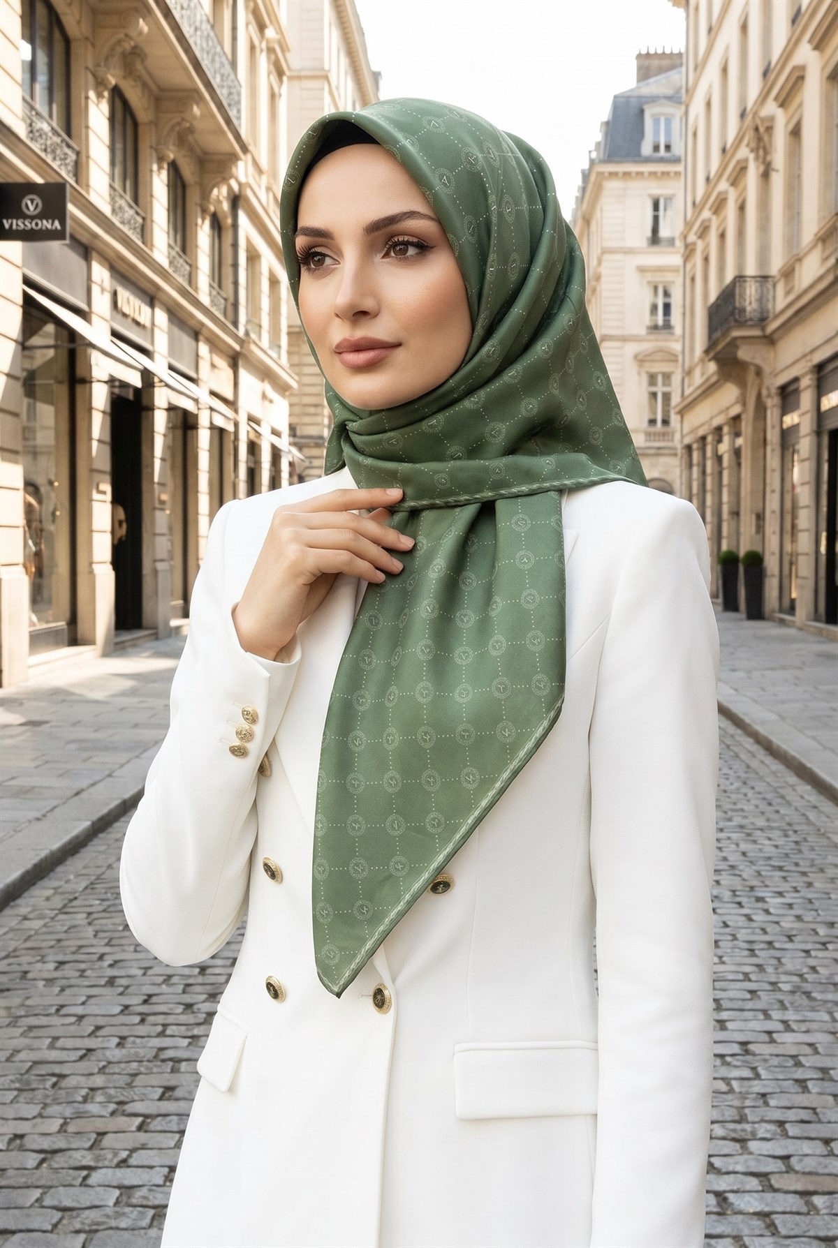 %100 Twill İpek Monogram Desenli Çağla Renkli 90x90 Eşarp Dikim Şekli : El Dikişi