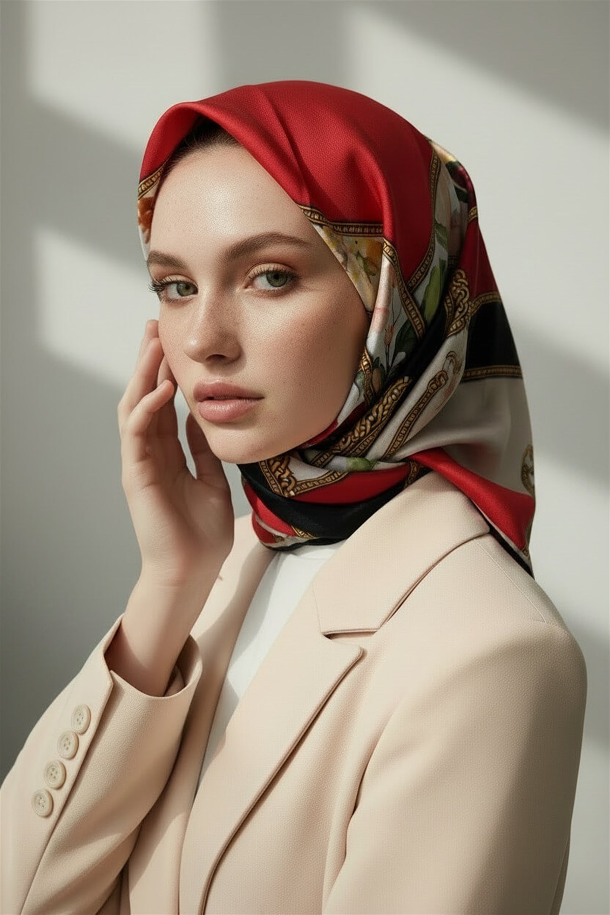 100% Twill İpek Şeritli Çiçek Desenli Kırmızı - Krem Renkli 90x90 Dikim Şekli : El Dikişi Eşarp