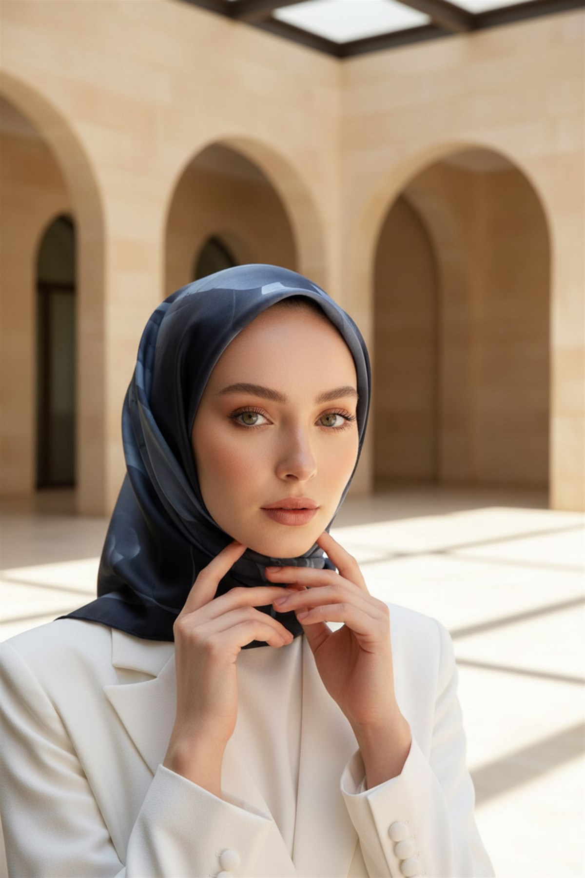 %100 Twill İpek Çiçek Desenli İndigo Renkli 90x90 Eşarp Dikim Şekli : El Dikişi