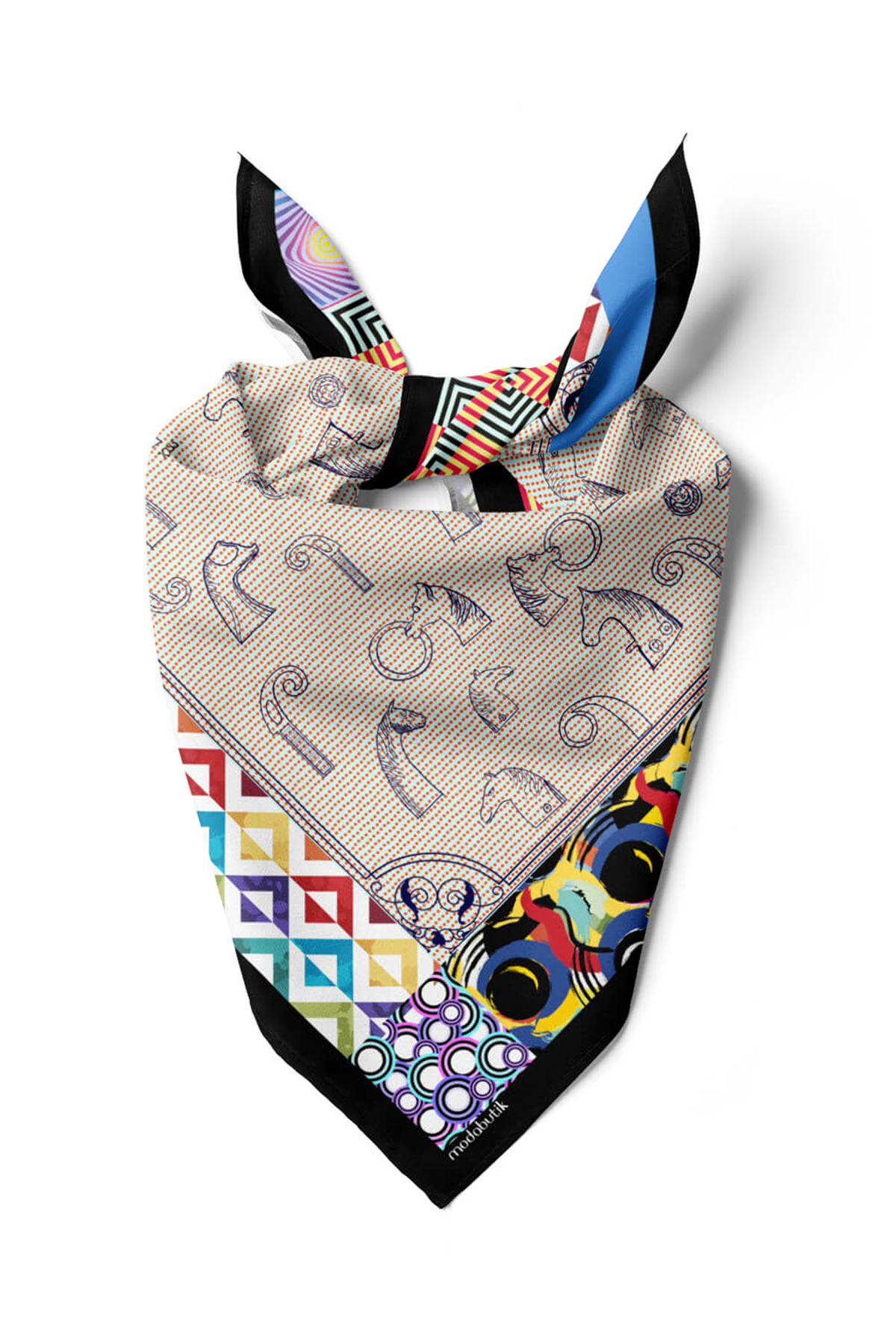 Kadın Krem Mavi Satranç Desenli 50x50 Bandana