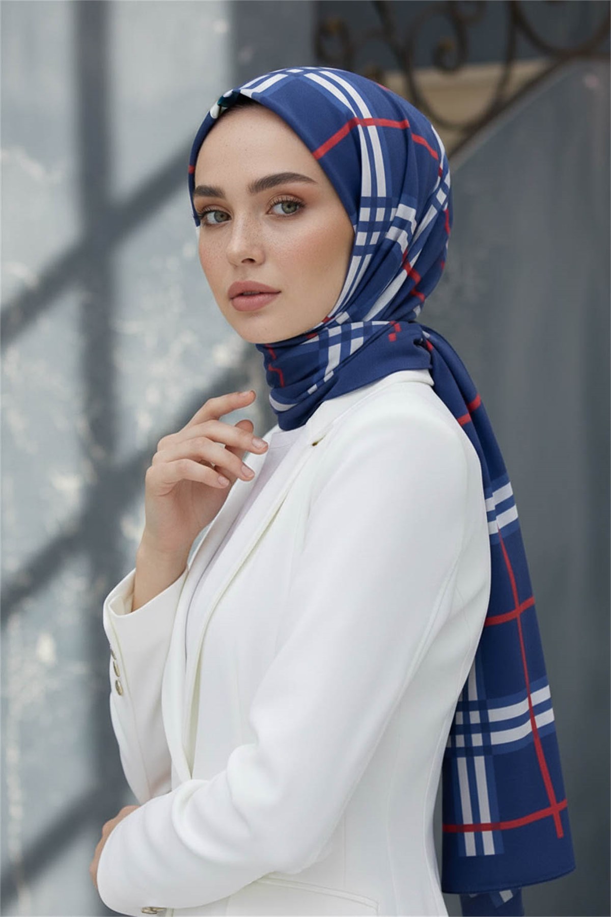 Krep Şal 75x195 Lacivert Ekose Desenli Kırışmaz Kadın Şal