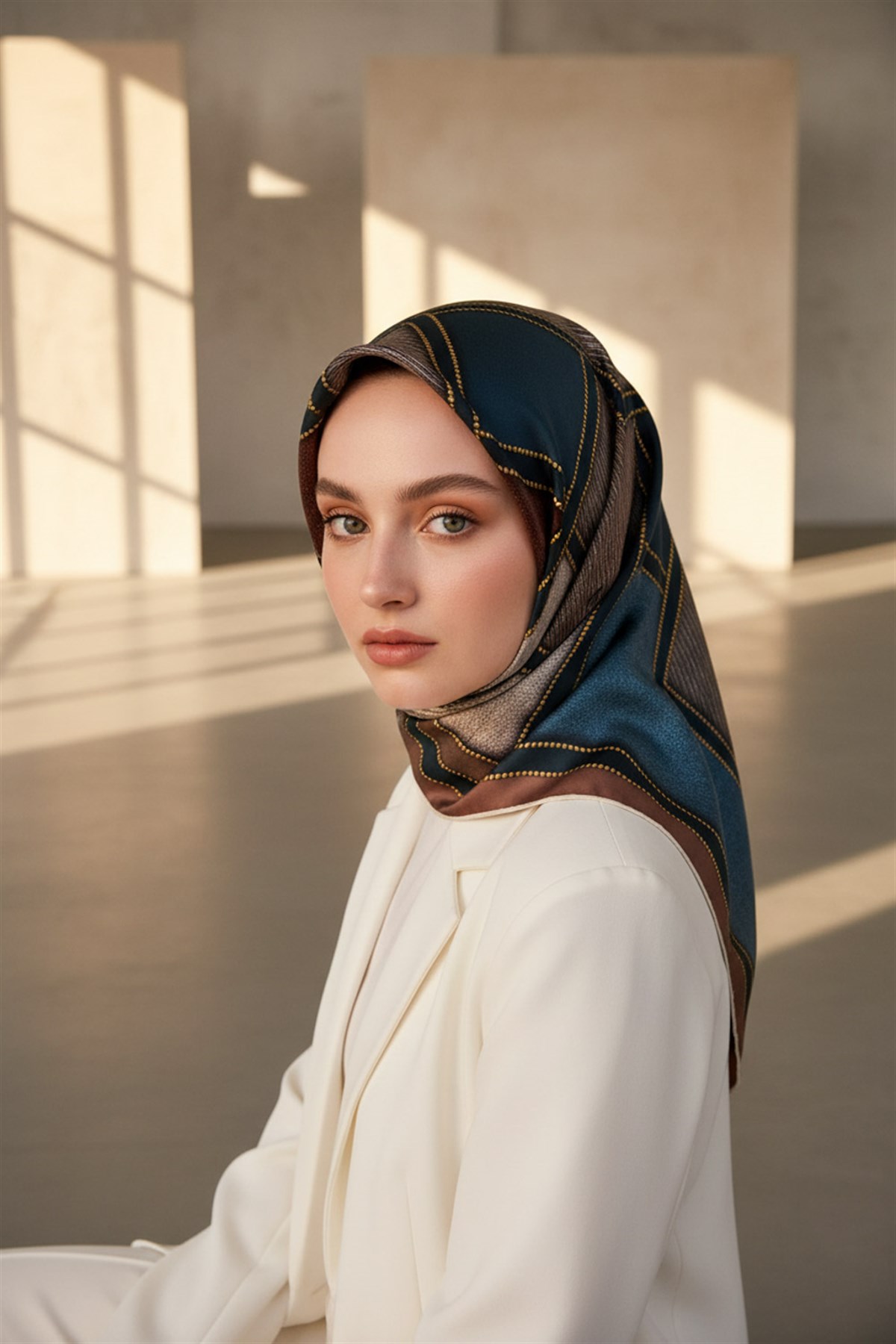 100% Twill İpek Gold Detaylı Kare Desenli Gül Kurusu - Petrol Yeşili Renkli 90x90 Dikim Şekli : El Dikişi