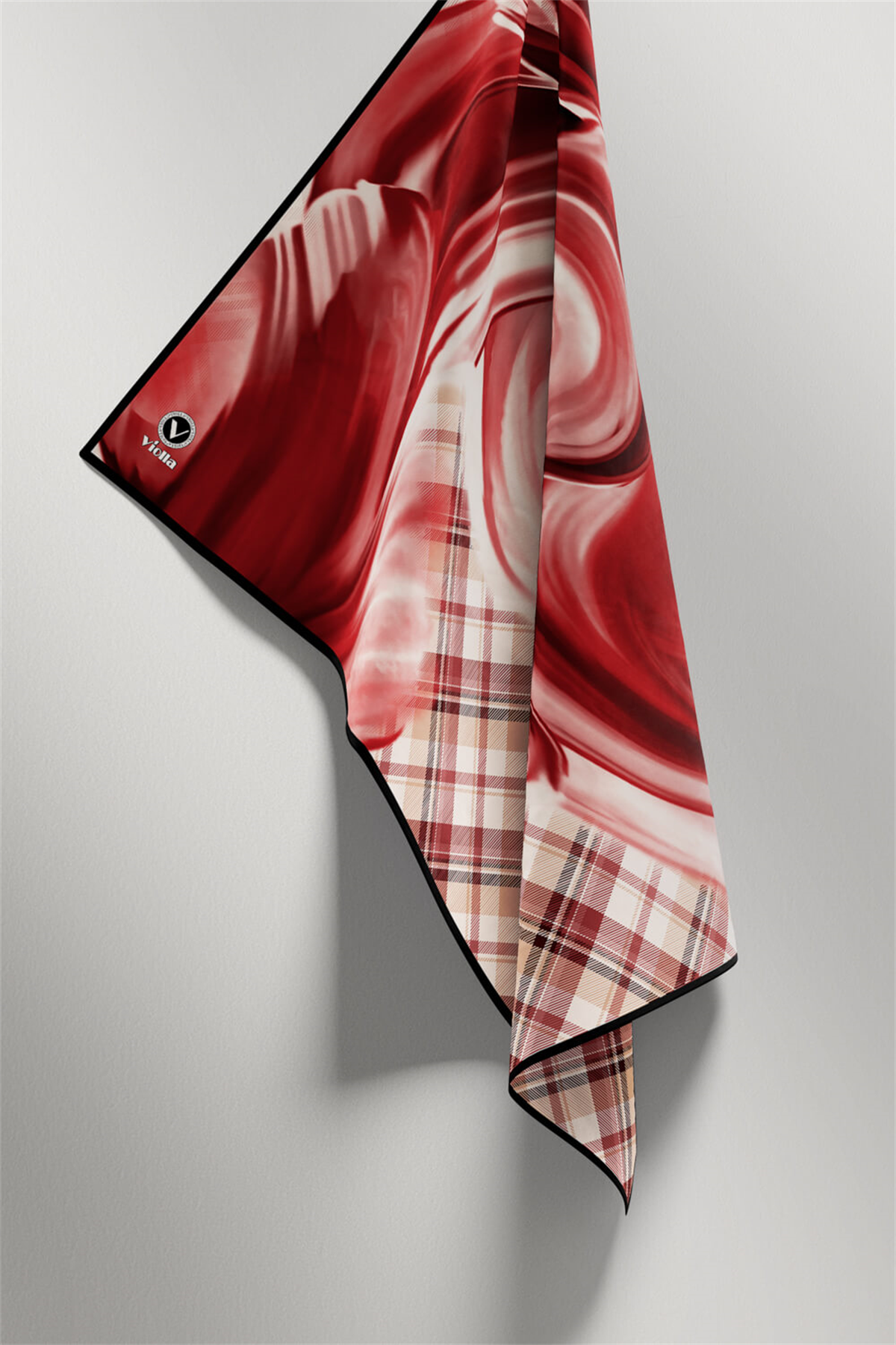 Twill Dalga ve Ekose Desenli Bordo Renkli 90x90 Eşarp (İpek İçermez)Kenar Dikiş Şekli El Dikişli