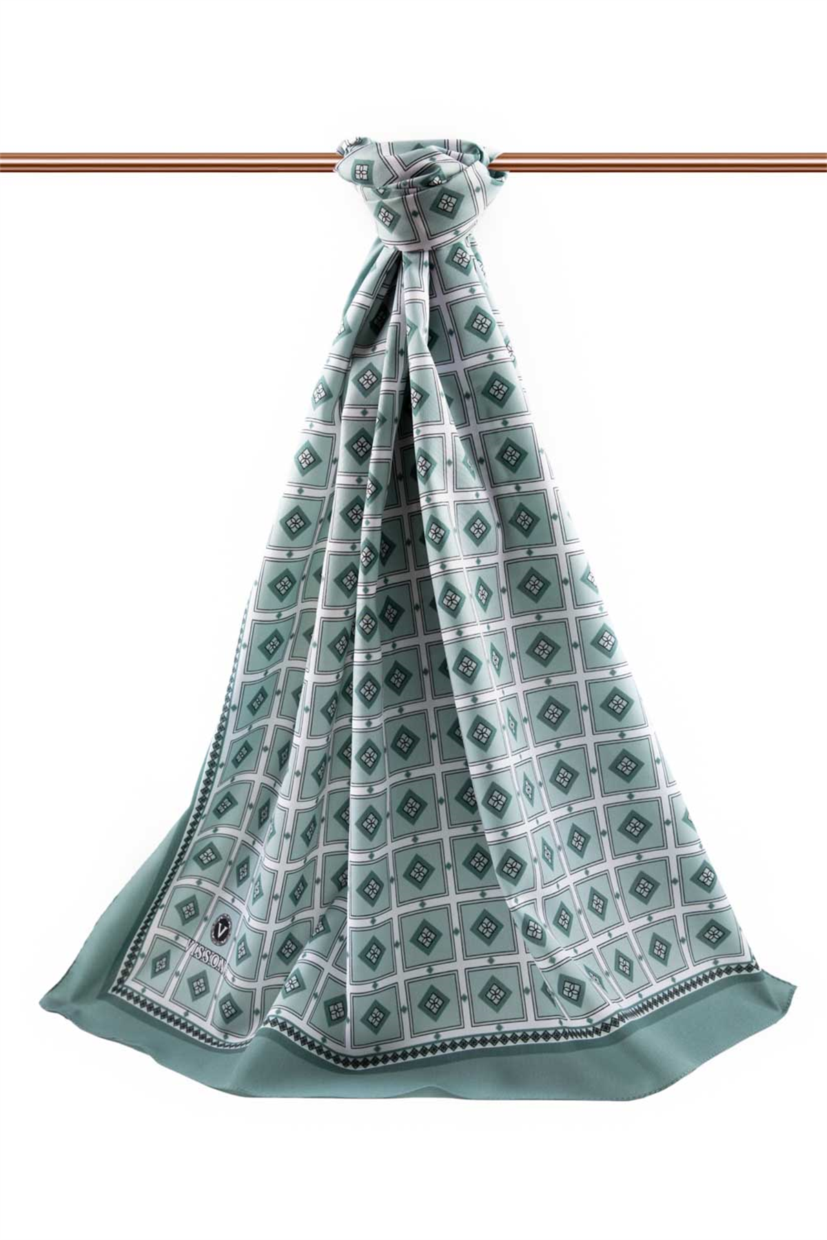 LÜKS MEDİNE İPEĞİ KARE DESENLİ KOYU MİNT RENKLİ 75X195 KIRIŞMAZ ŞAL MOSS KREP DİKİŞ TİPİ İTALYAN DİKİŞLİ