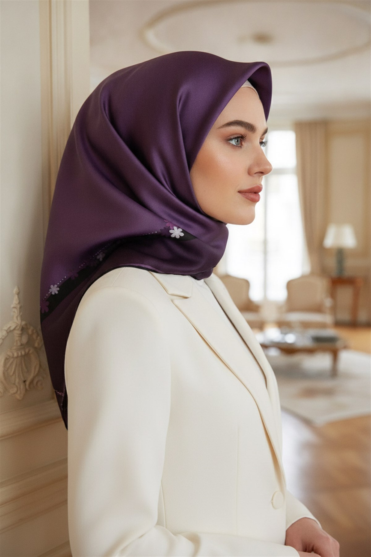 %100 Twill İpek Kenar Motifi Çiçek Desenli Mürdüm - Siyah Renkli 90x90 Eşarp Dikim Şekli : El Dikişi