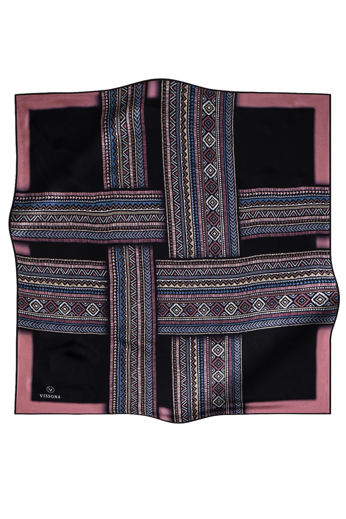 % 57 İPEK % 43 VİSKON Twill İpek Etnik Desenli Gül Kurusu - Siyah Renkli 90x90 Eşarp Dikim Şekli : El Dikişi