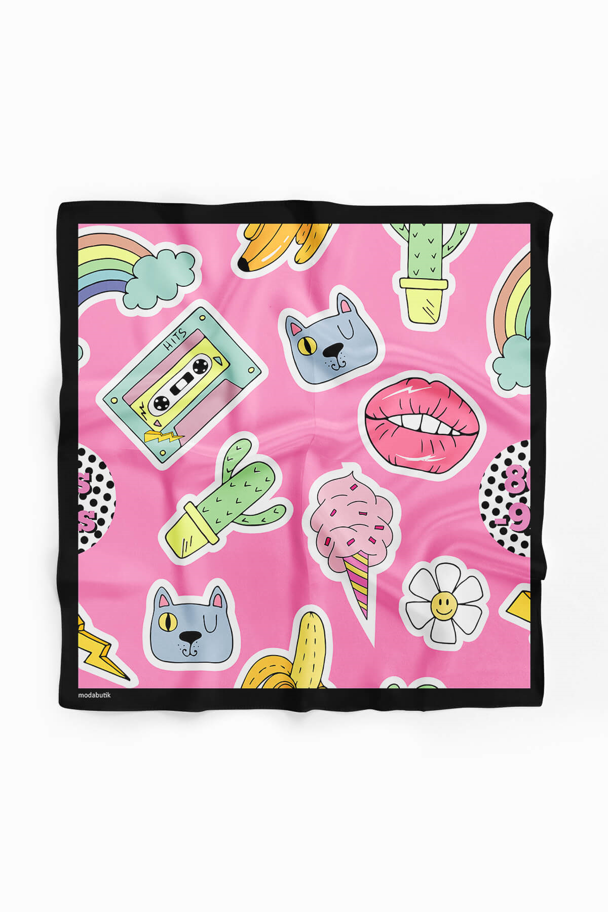 B75 Kadın Seda Desenli Bandana 50x50 Pembe DG0361-22 Snz