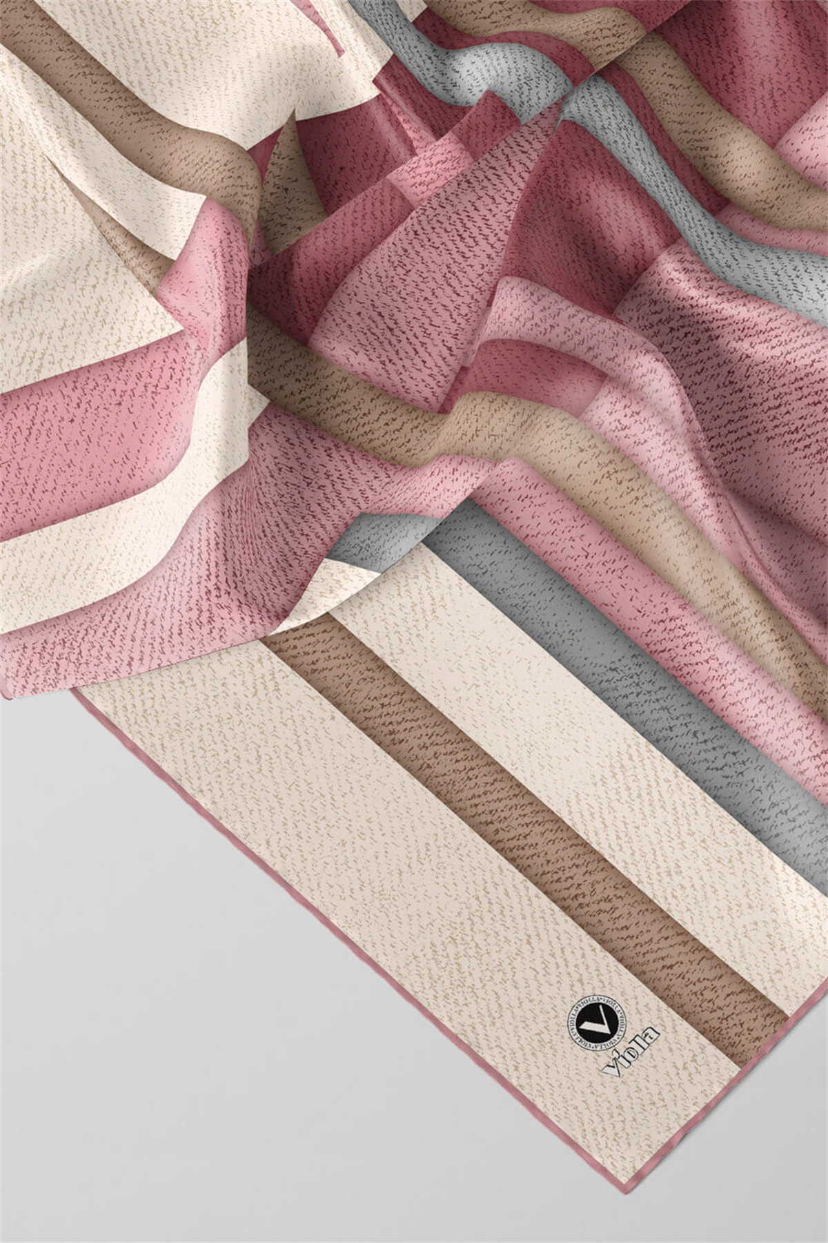 Twill Renkli Şerit Desenli Pudra Renkli 90x90 Eşarp (İpek İçermez) Kenar Dikiş Şekli El Dikişli