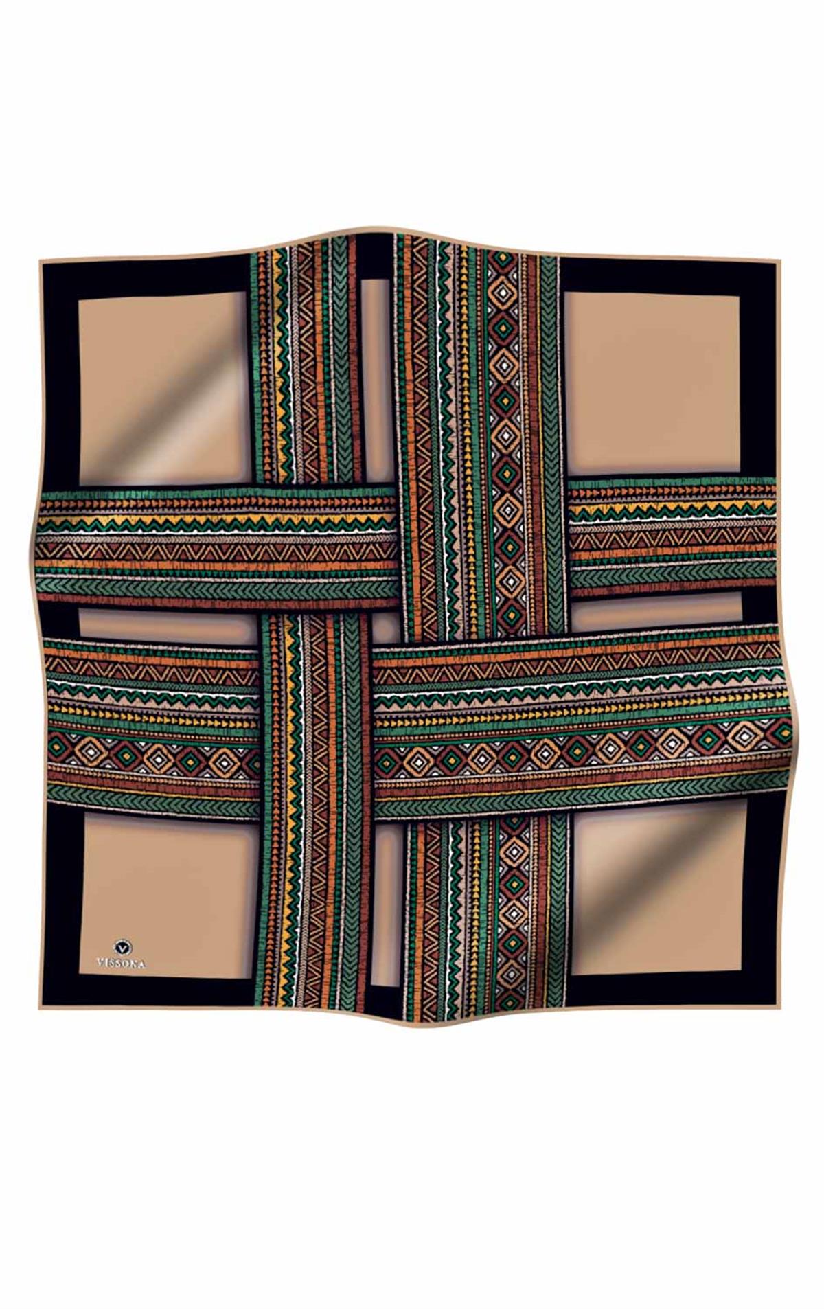 %100 Twill İpek Etnik Desenli Bej - Zümrüt Yeşili Renkli 90x90 Eşarp Dikim Şekli : El Dikişi