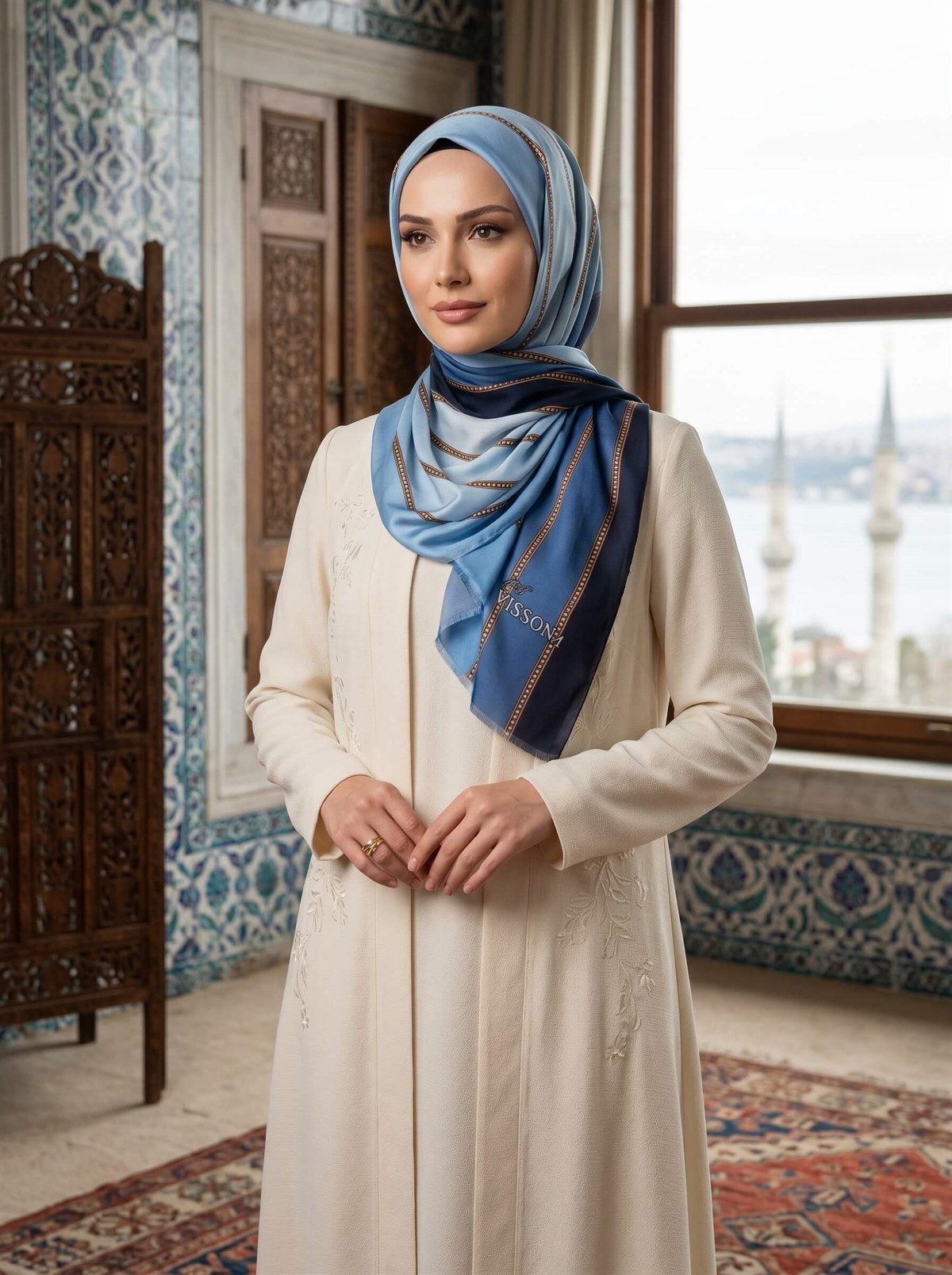 %100 İpek Şerit Desenli Lacivert - Bebe Mavisi Renkli 92x210 Şal