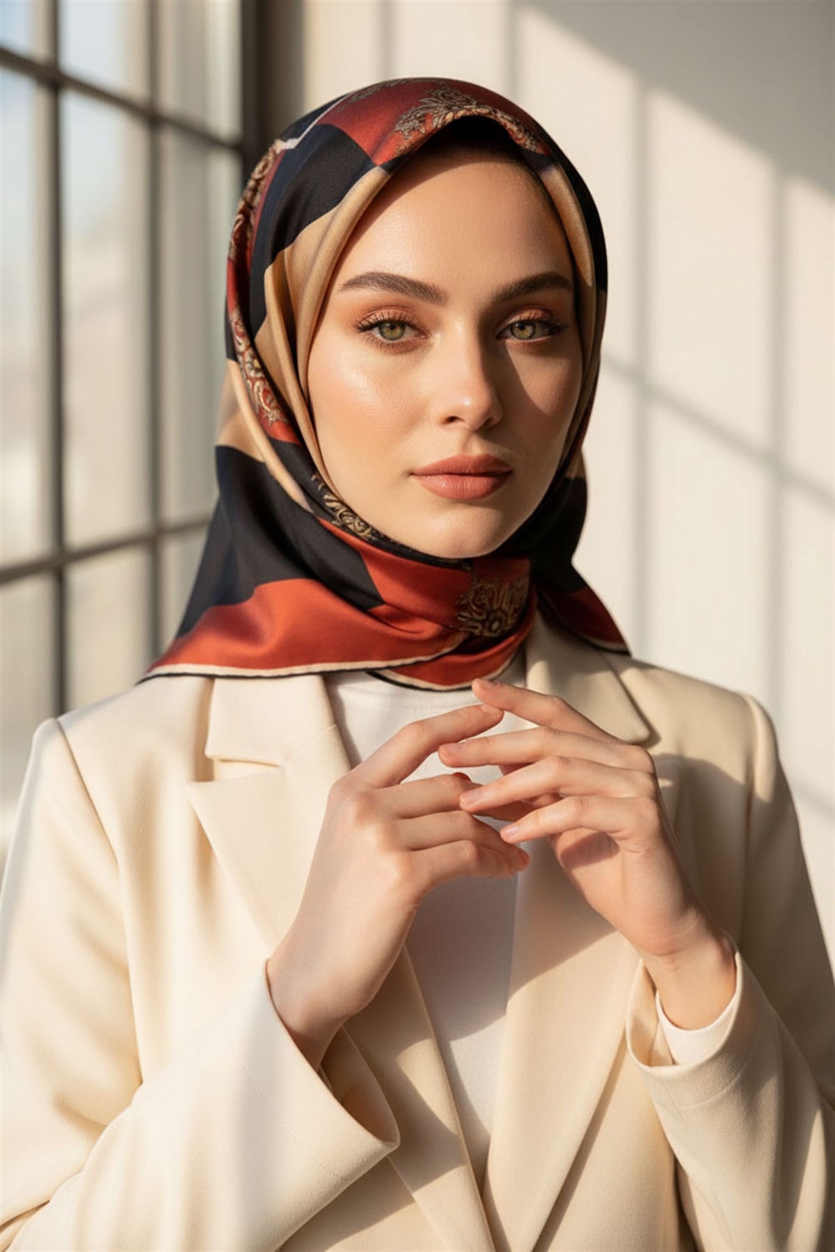 %100 Twill İpek Geometrik ve Barok Desenli Taba - Siyah Renkli 90x90 Eşarp Dikim Şekli : El Dikişi