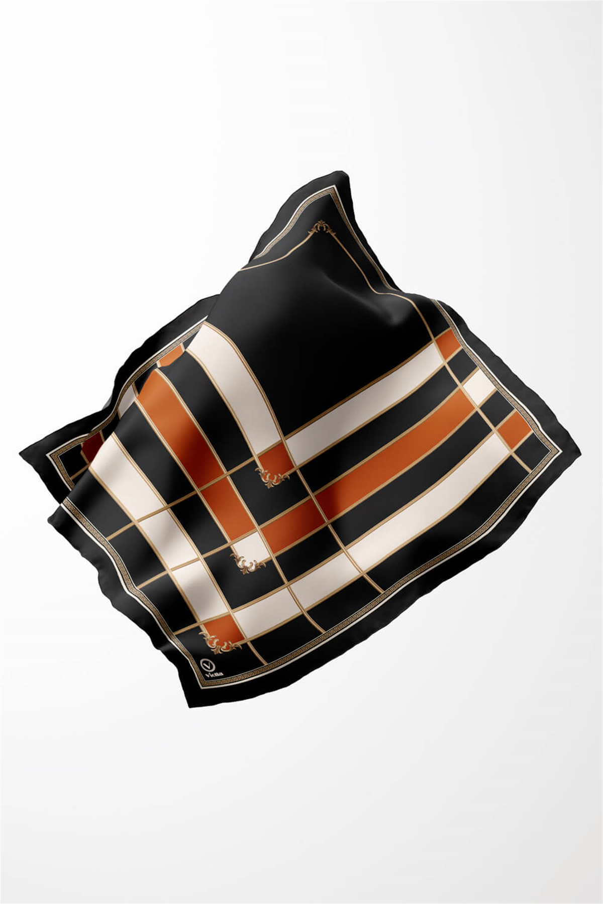 Twill Gold Detaylı Kareli Desenli Taba Renkli 90x90 Eşarp (İpek İçermez) Kenar Dikiş Şekli El Dikişli