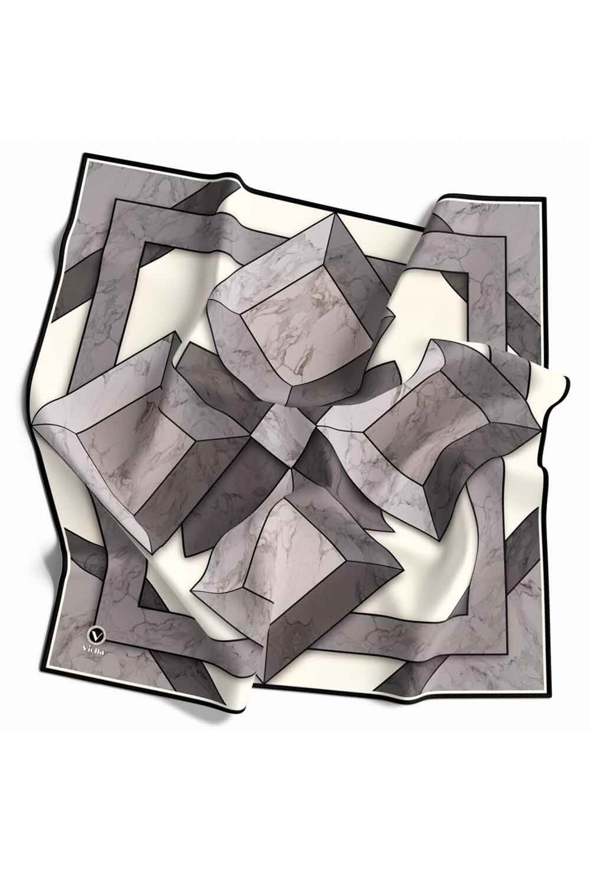 Twill Mermer Desenli Siyah - Krem Renkli 90x90 Eşarp (İpek İçermez) Kenar Dikiş Şekli El Dikişli