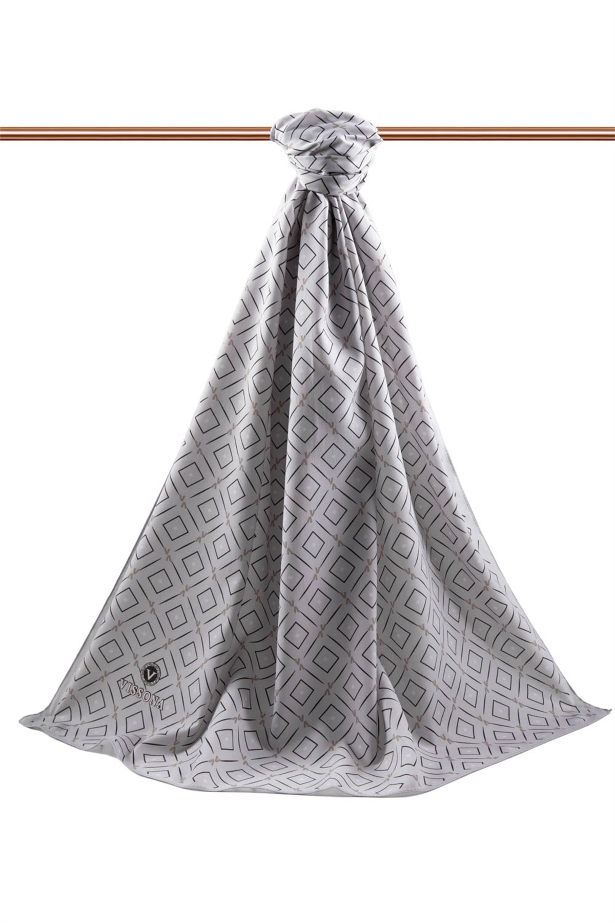LÜKS MEDİNE İPEĞİ GEOMETRİK DESENLİ GÜMÜŞ RENKLİ 75X195 KIRIŞMAZ ŞAL MOSS KREP DİKİŞ TİPİ İTALYAN DİKİŞLİ