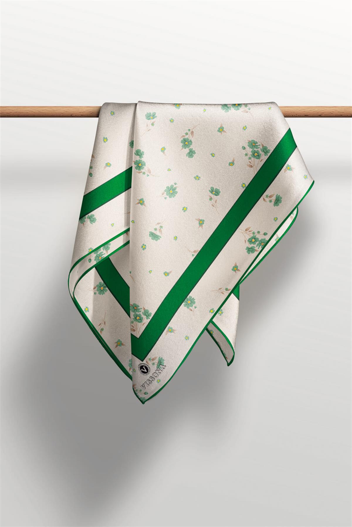 100% Twill İpek Bordürlü Çıtır Çiçek Desenli Zümrüt Yeşili Renkli 90x90 Dikim Şekli : El Dikişi Eşarp