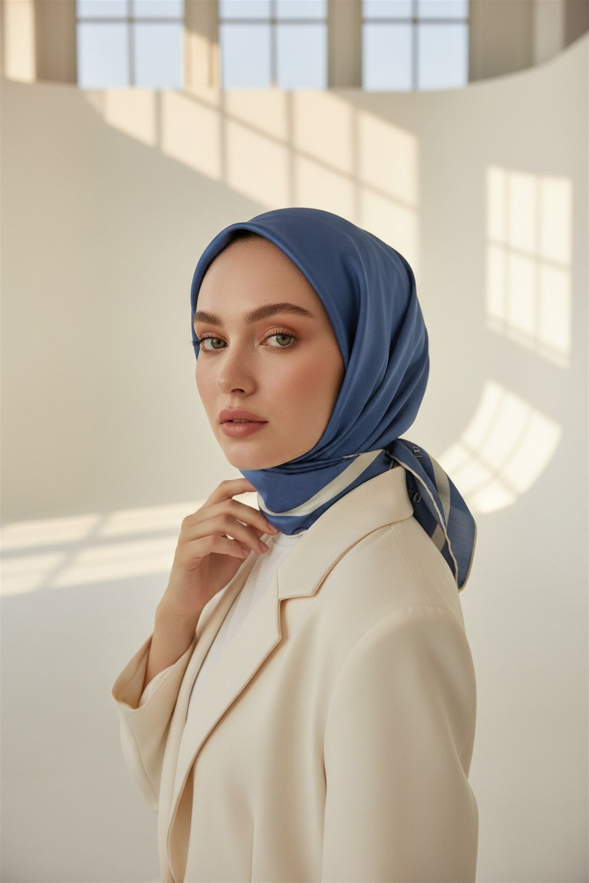 100% Twill İpek Düz Renk Bordür Desenli İndigo - Krem Renkli Daha Tok Exclusive Serisi 90x90 Dikim Şekli : El Dikişi Eşarp