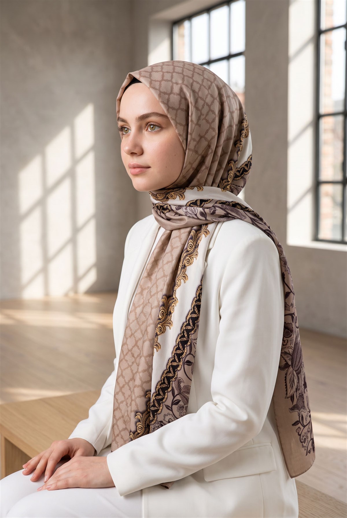 %100 Saf İpek Şal İnce Saten Vual Dokuma Yaprak Desenli Bej - Gold Renkli 90x210 Şal