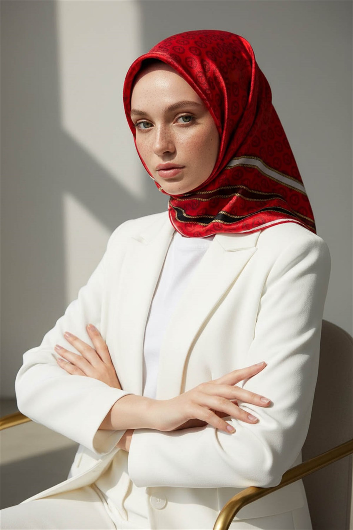 %100 Twill İpek Monogram Desenli Kırmızı - Siyah Renkli 90x90 Eşarp Dikim Şekli : El Dikişi