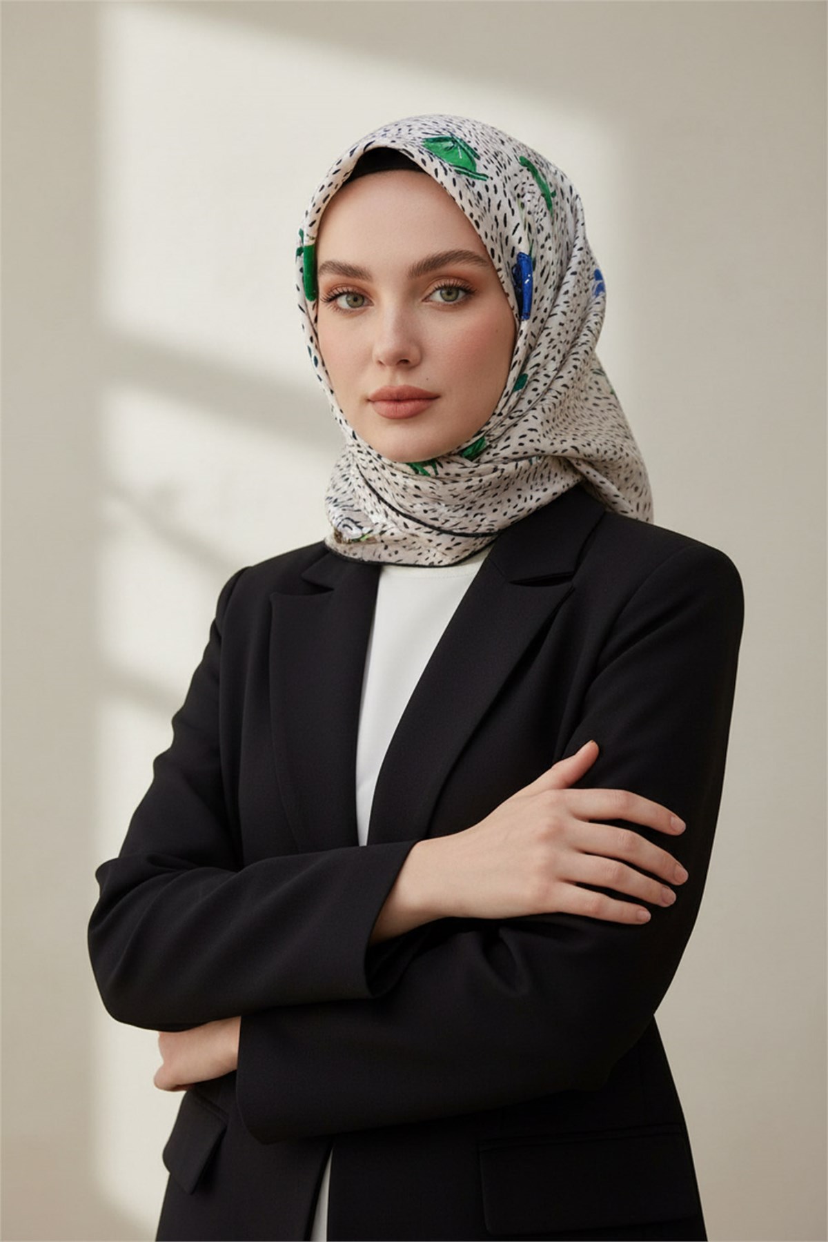 %100 Twill İpek Çıtır Çiçek Desenli Saks - Zümrüt Yeşili Renkli 90x90 Eşarp Dikim Şekli : El Dikişi