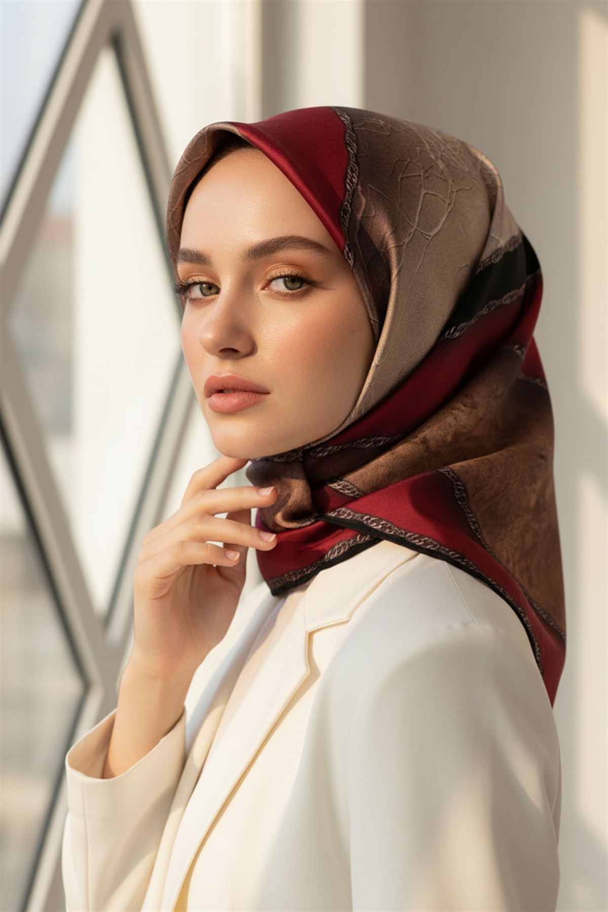 %100 Twill İpek Dokulu Geometrik Desenli Bordo - Siyah Renkli 90x90 Eşarp Dikim Şekli : El Dikişi