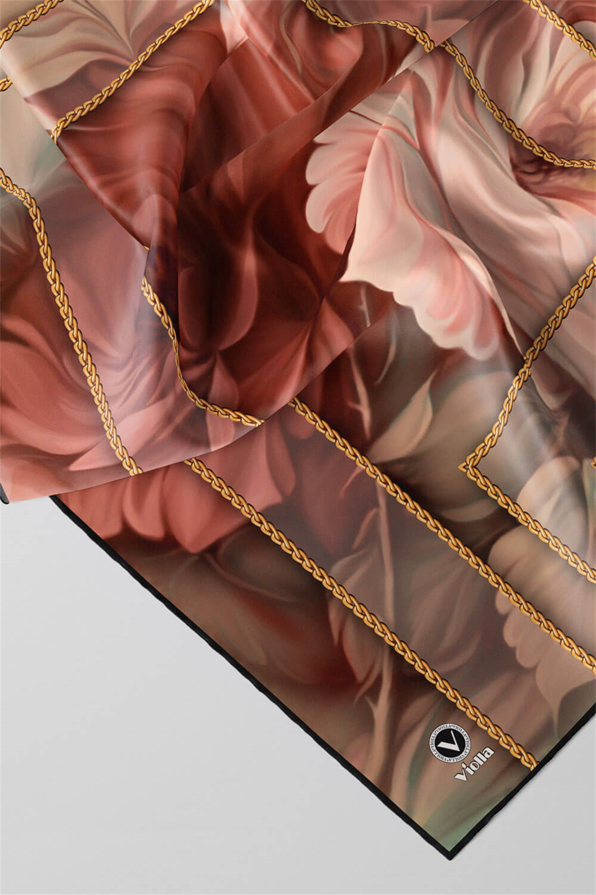 Twill Gül Desenli Somon - Mint Yeşili Renkli 90x90 Eşarp (İpek İçermez) Kenar Dikiş Şekli El Dikişli