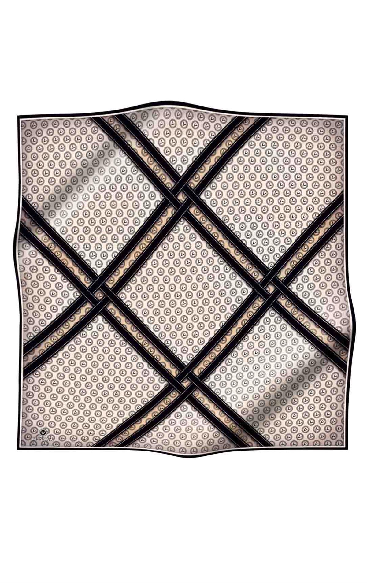 %100 Twill İpek Monogram ve Şerit Desenli Krem - Siyah Renkli 90x90 Eşarp Dikim Şekli : El Dikişi