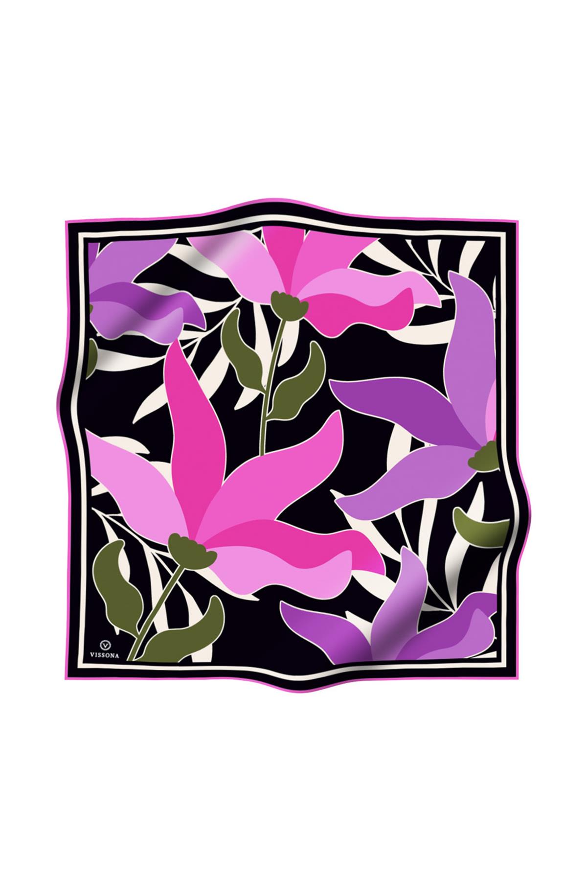 %100 Twill İpek Yaprak Desenli Lila - Pembe Renkli 90x90 Eşarp Dikim Şekli : El Dikişi