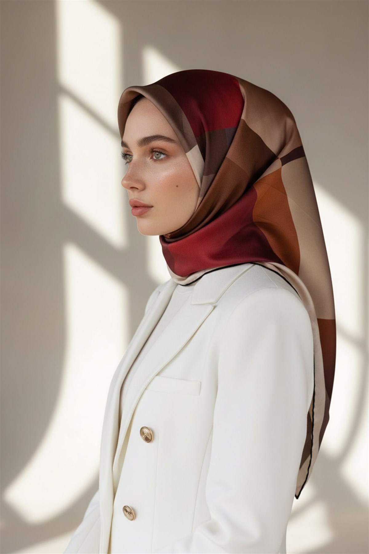 %100 Twill İpek Geometrik Desenli Bej - Kırmızı Renkli 90x90 Eşarp Dikim Şekli : El Dikişi