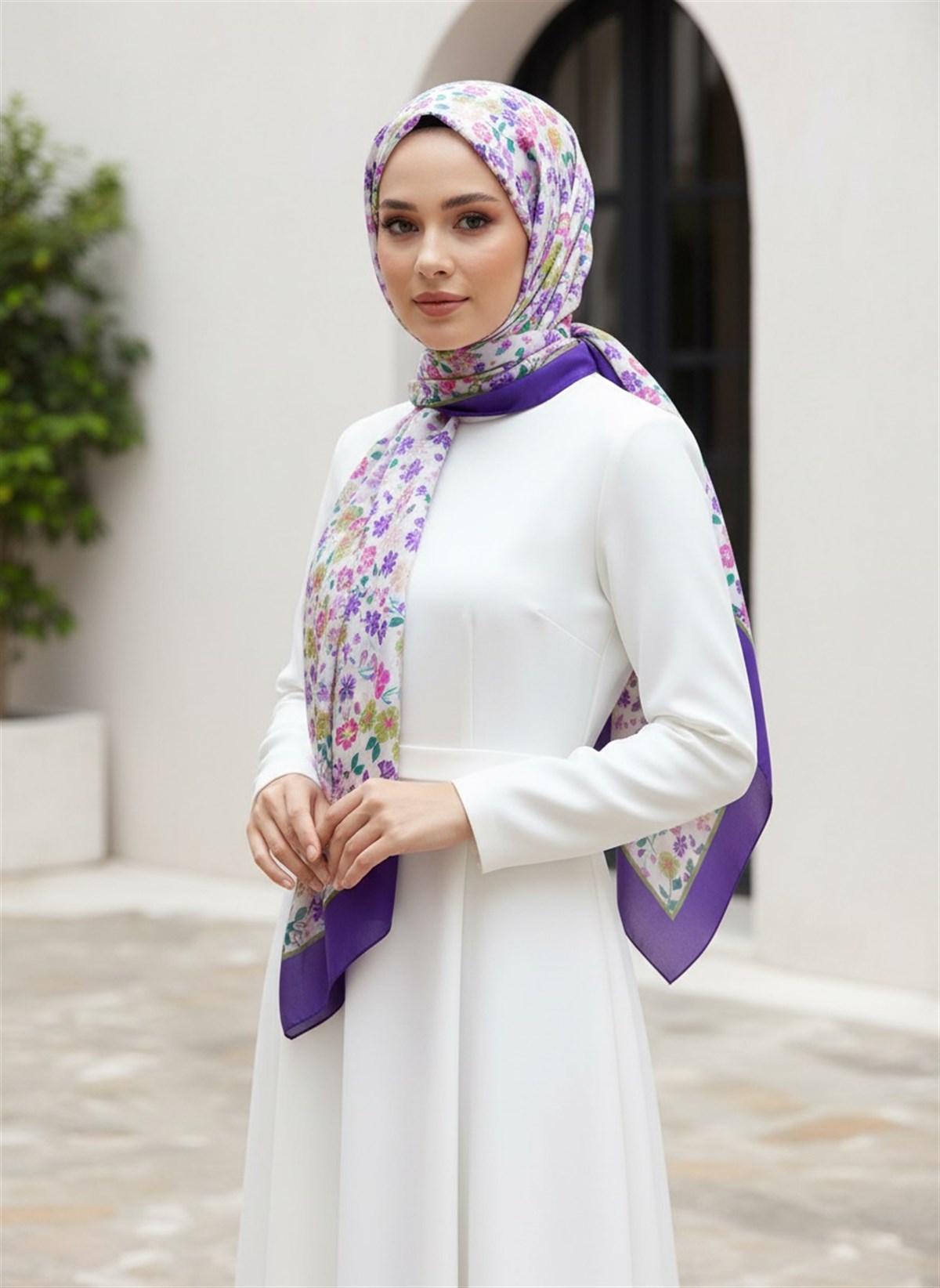 %100 Saf İpek Şal İnce Saten Vual Dokuma Çıtır Çiçek Desenli Mor Renkli 90x210 Şal
